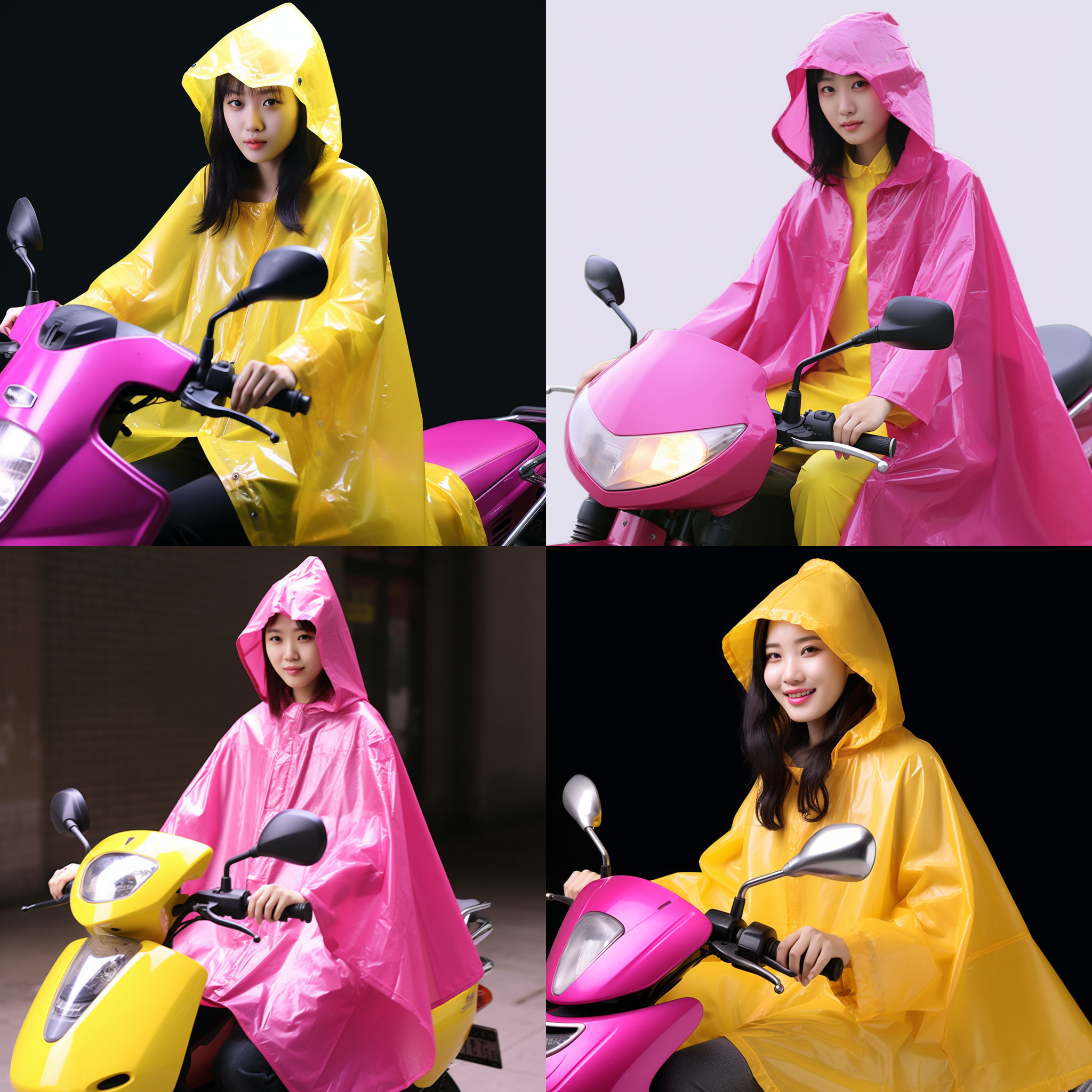 中国女生穿着黄色雨衣全部覆盖电动车，背景是白色。构图采用对角线布局，使用高饱和度的颜色和对比度，营造出潮湿的氛围。照片中的元素包括电动车、雨水。情感上体现了女士的勇敢和坚毅。 单人 女孩 微笑 单人 女孩 微笑