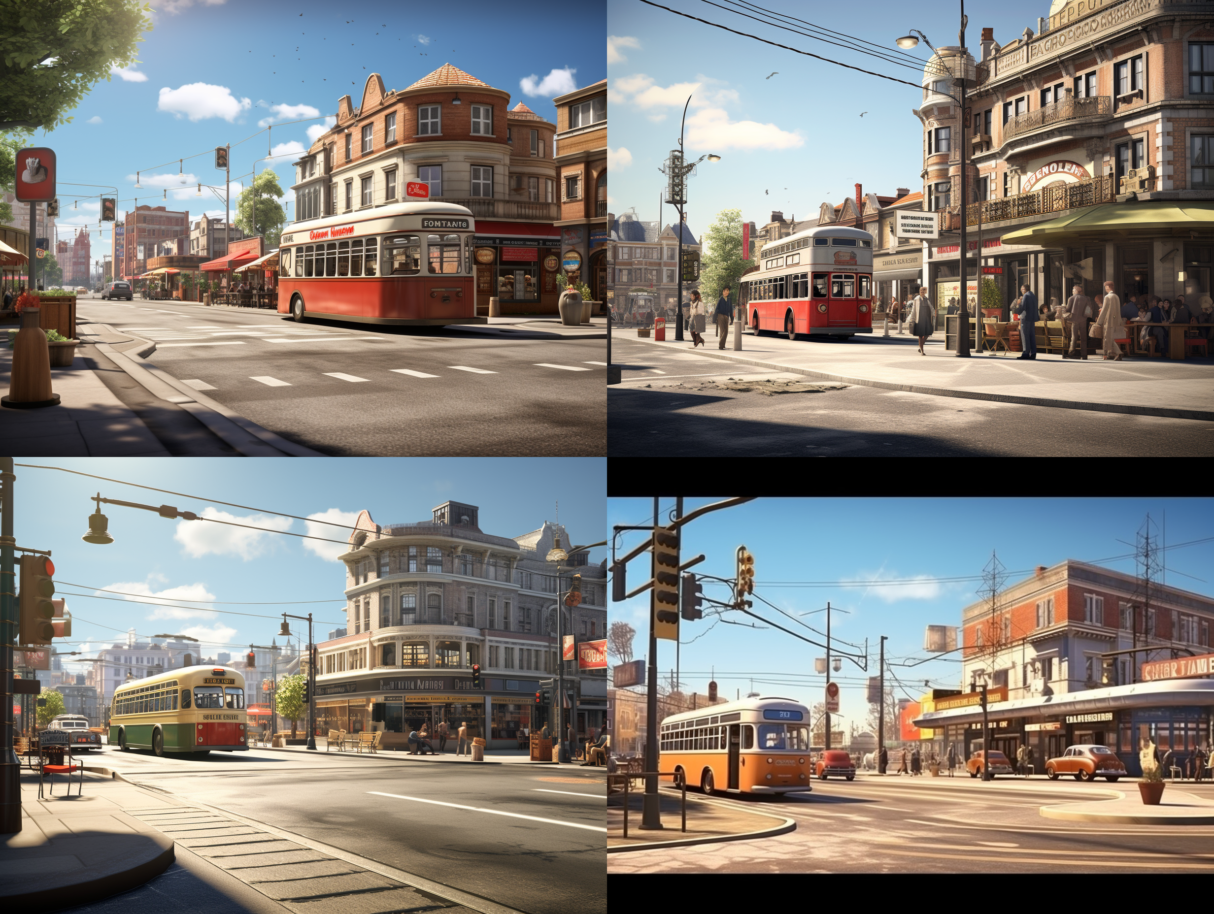 a sunny city intersection, with a bus stop and roadside stalls nearby, 1940s,ultra detailed, photorealistic, 4k