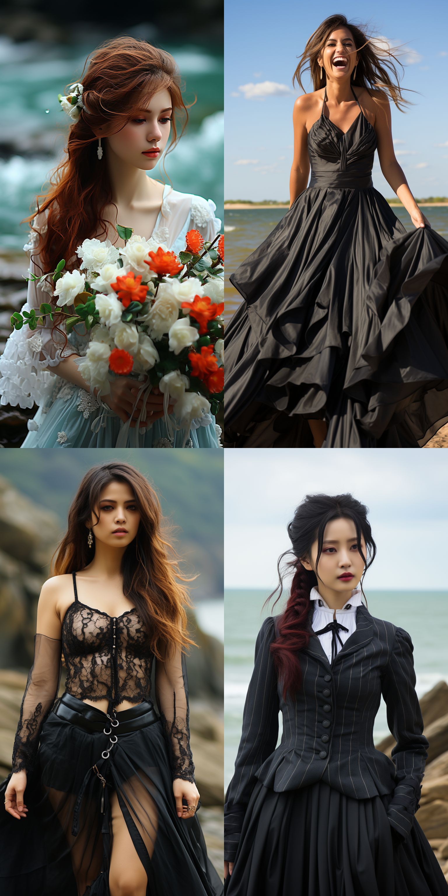 东方少妇在沙滩微笑，黑色吊带裙，海浪拍打，微风吹动头发，细节论文，自然皮肤纹理，8k解析，复杂细节，闪亮皮肤，红唇，观众，面对高水分，明亮肤色，阳光光线，舒适，轻松 笑容, 沙滩, 黑色吊带裙, 海浪, 微风, 8k解析, 闪亮皮肤, 红唇, 阳光光线, 舒适, 轻松