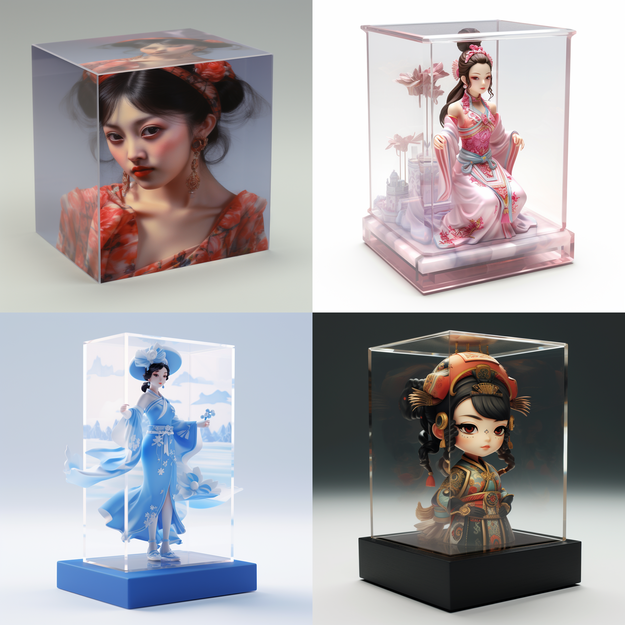亚克力展示盒，穿漂亮衣服的中国小姐姐，3d渲染，产品图片，每个细节