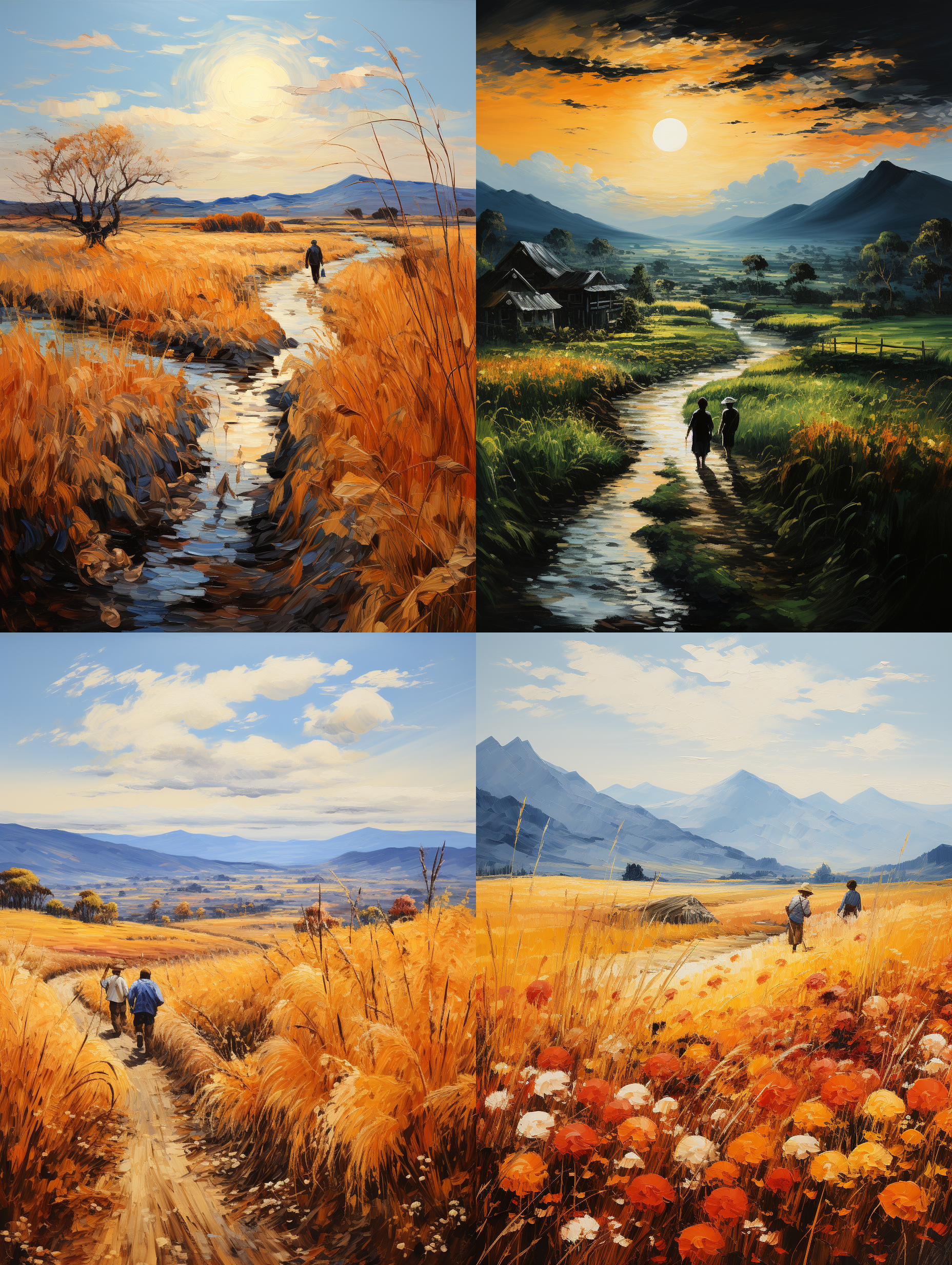 山路，农村，草垛，小孩玩耍，中国的小孩模样，梵高油画效果，色彩艳丽。