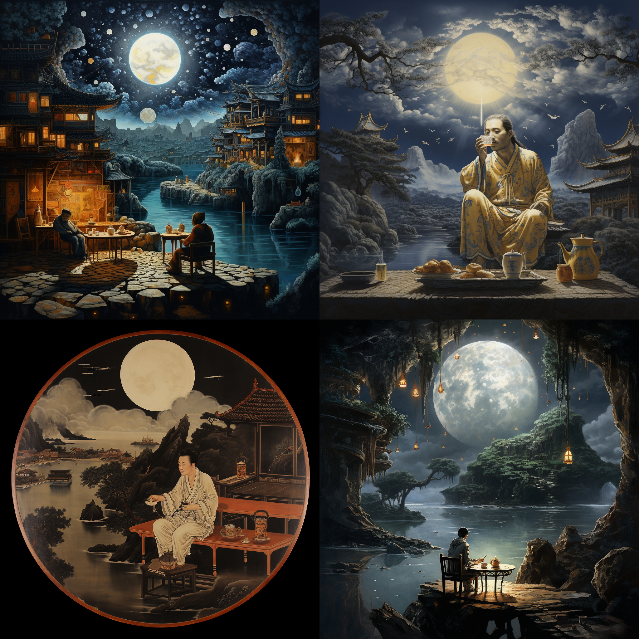 a picturesque scene under the moonlit night sky with someone holding a cup of wine to the heavens, contemplating the cycle of the moon. the person is seated by a small table with an elegant wine jug. traditional chinese architecture forms the backdrop, silhouetted against the dancing moonbeams reflecting off a nearby tranquil body of water.