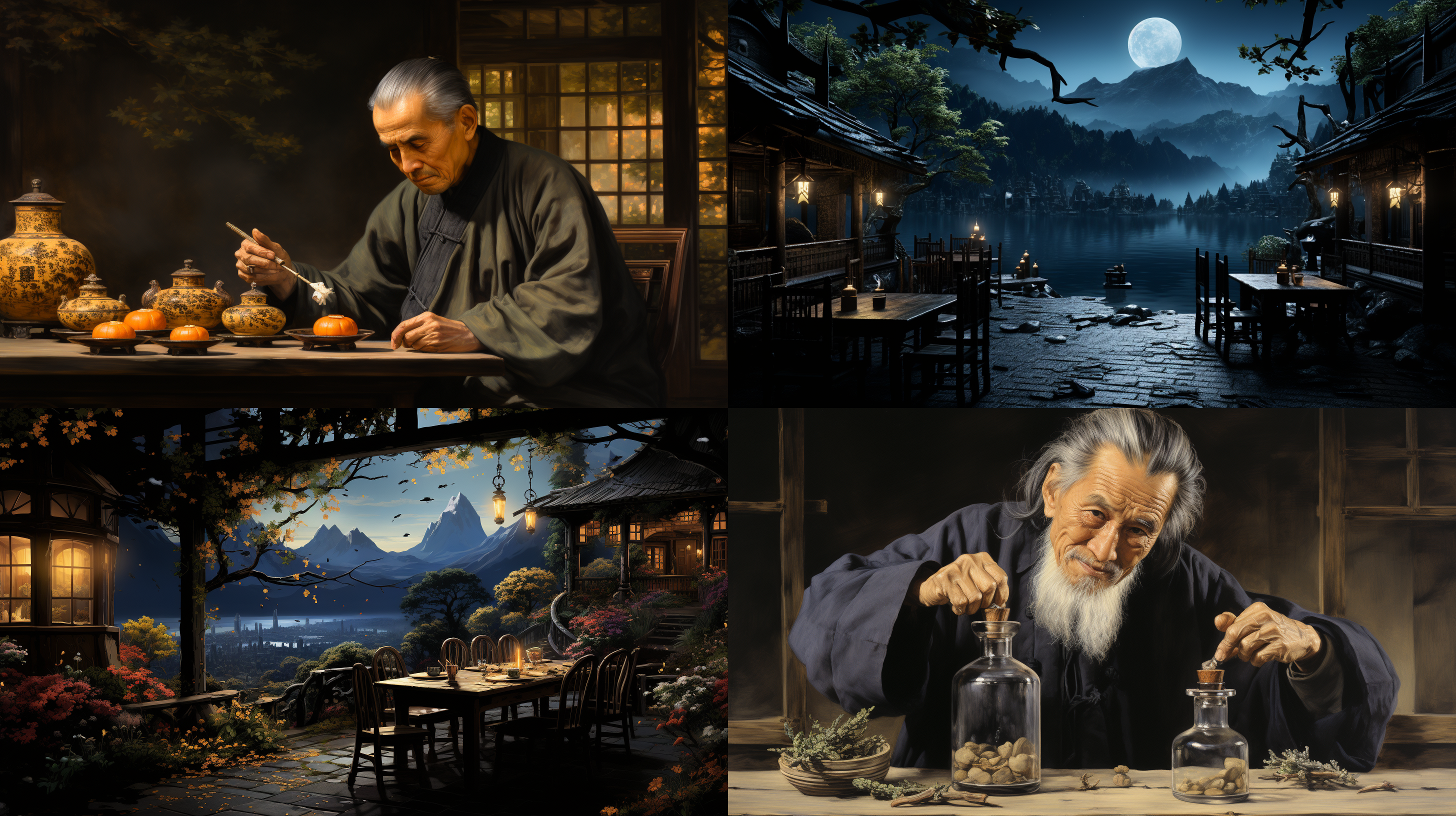 描绘了一位中国古代文人在月夜下坐在小桌旁，举杯向天，如诗如画的场景。桌子上，摆放着一个精致的酒壶。背景是中国传统建筑，舞动的月光倒映在附近宁静的水面上。