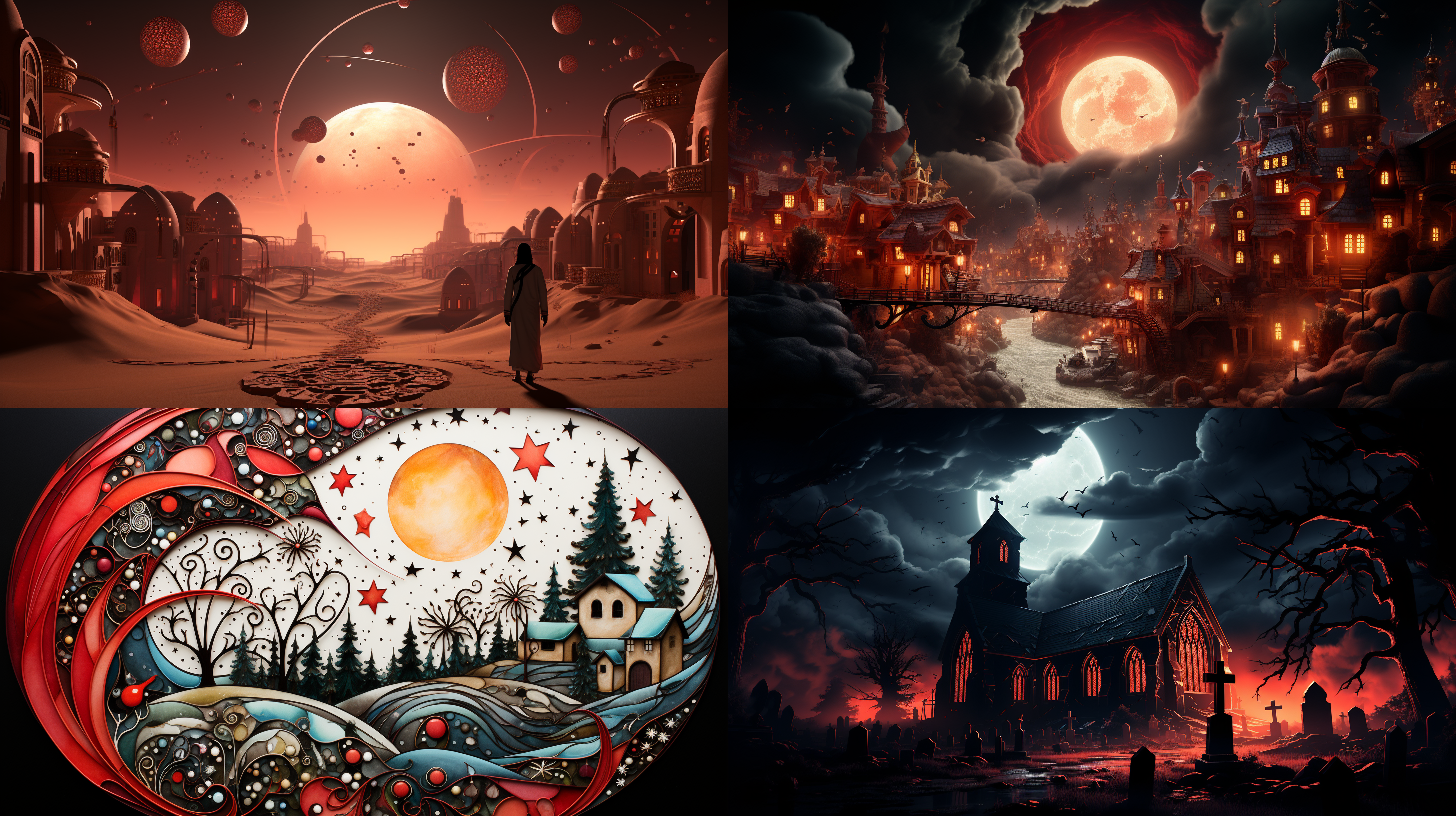 一轮新月在一座红色塔楼上方的天空中旋转，盘旋在雕刻精美的窗户上方。温柔的月光洒在一个无法入睡的人身上。