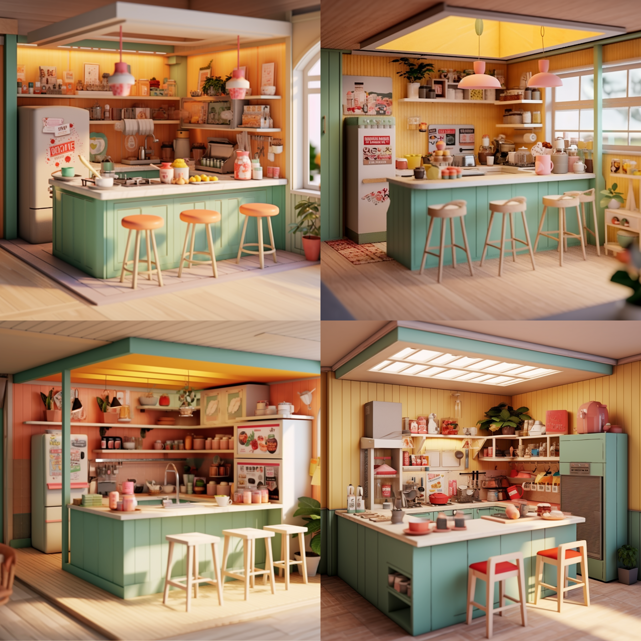 厨房小屋，色彩清新，复古简约，有橱柜吧台 