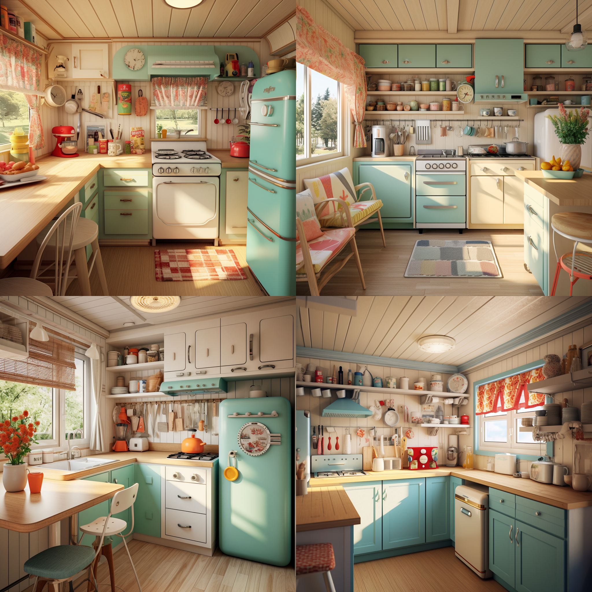 厨房小屋，色彩清新，复古简约，有橱柜吧台，烤箱毛巾，可爱的小装饰
