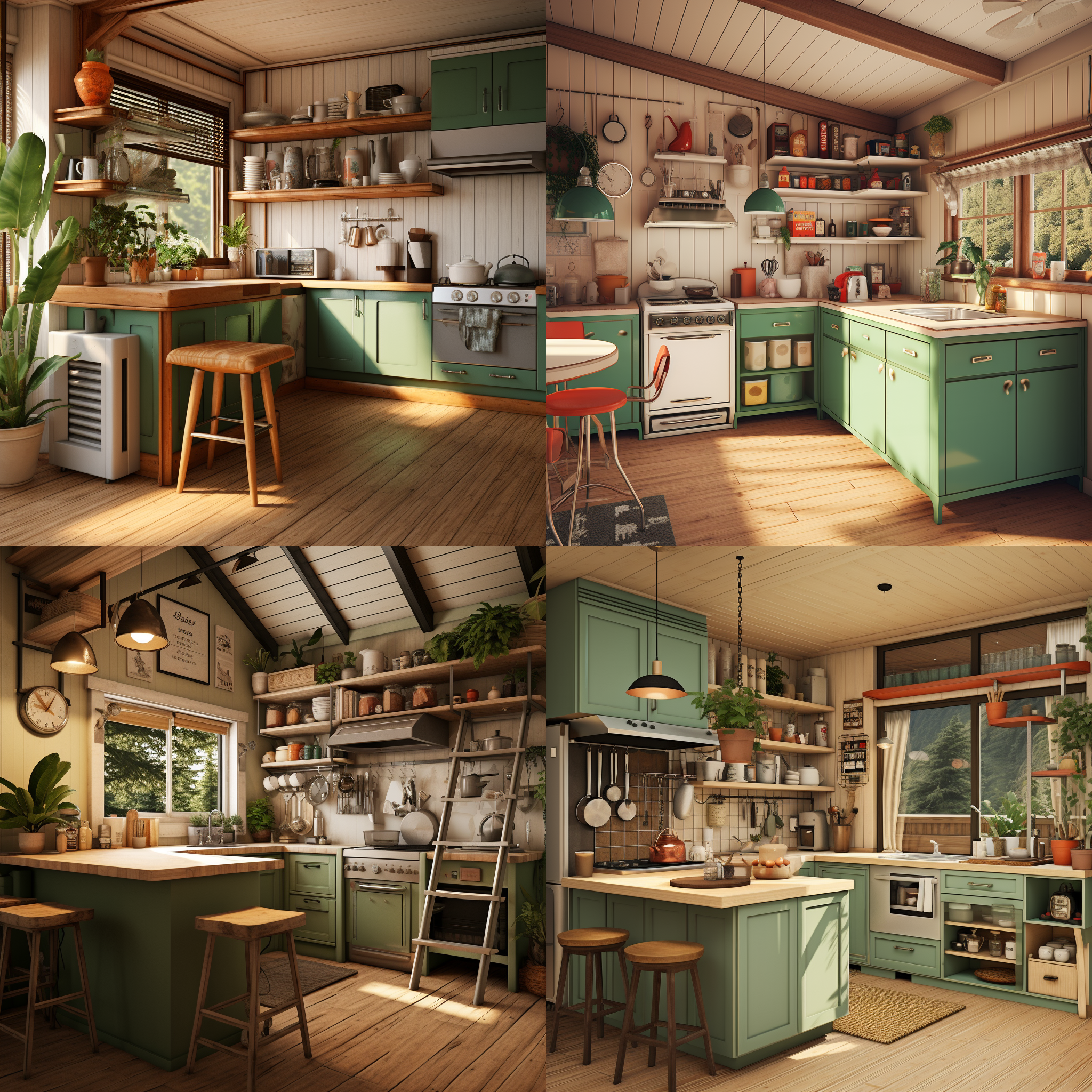 厨房小屋，色彩复古简约，有橱柜吧台，烤箱毛巾，可爱的小装饰，绿植