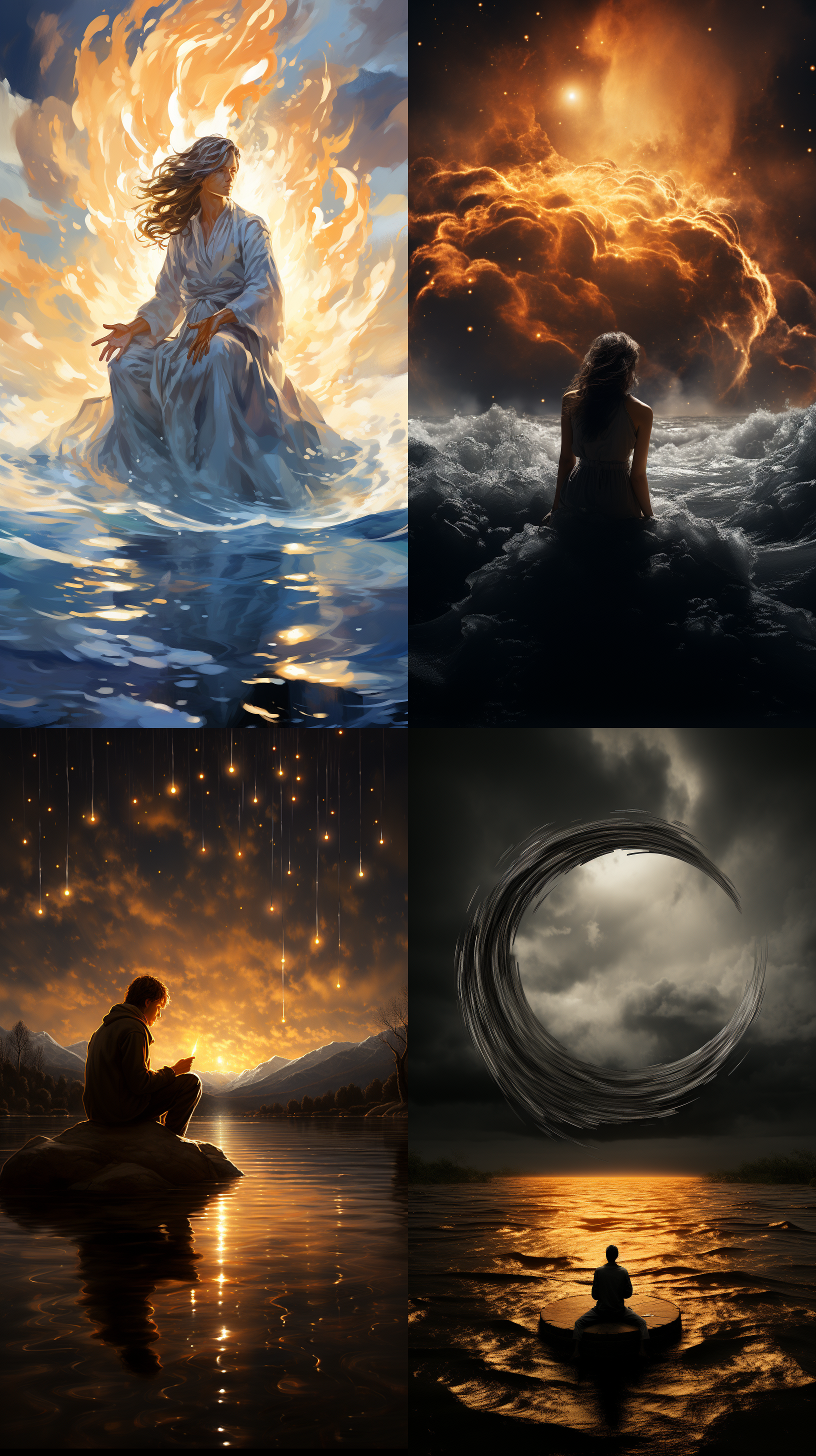 a person sitting on a rock in the water with a sky background and a bright swirl of fire in the sky, radiant light, a hologram, adrian zingg, fantasy art