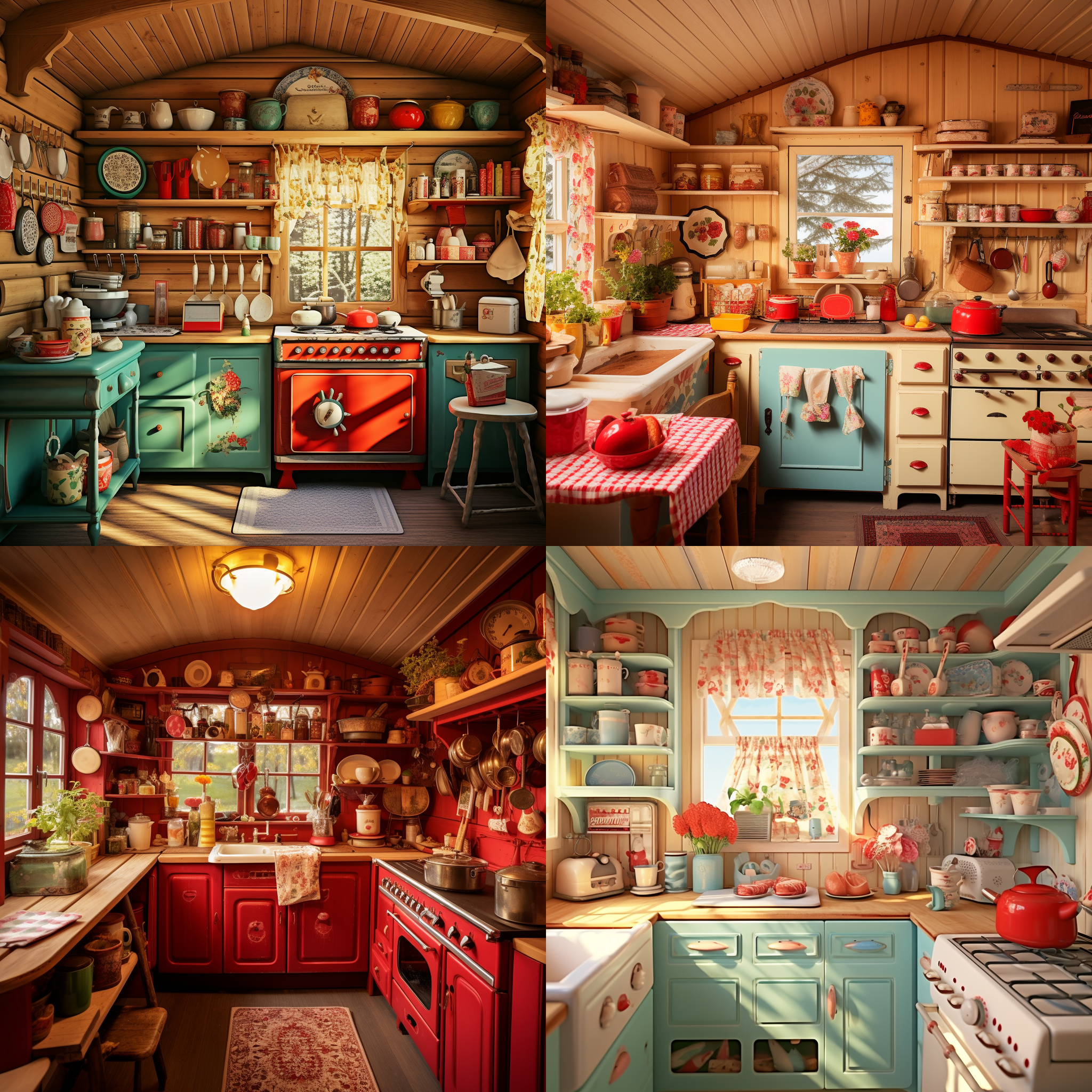 厨房小屋，色彩清新，有各种烘焙厨具，复古