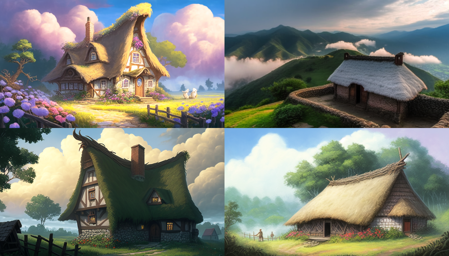 茅草屋坐落在云端之上，被绵延的白云环绕。照片呈现出梦幻般的氛围，充满了神秘感和宁静感。仿佛能感受到上仙们在这里过着恬淡而神秘的生活。