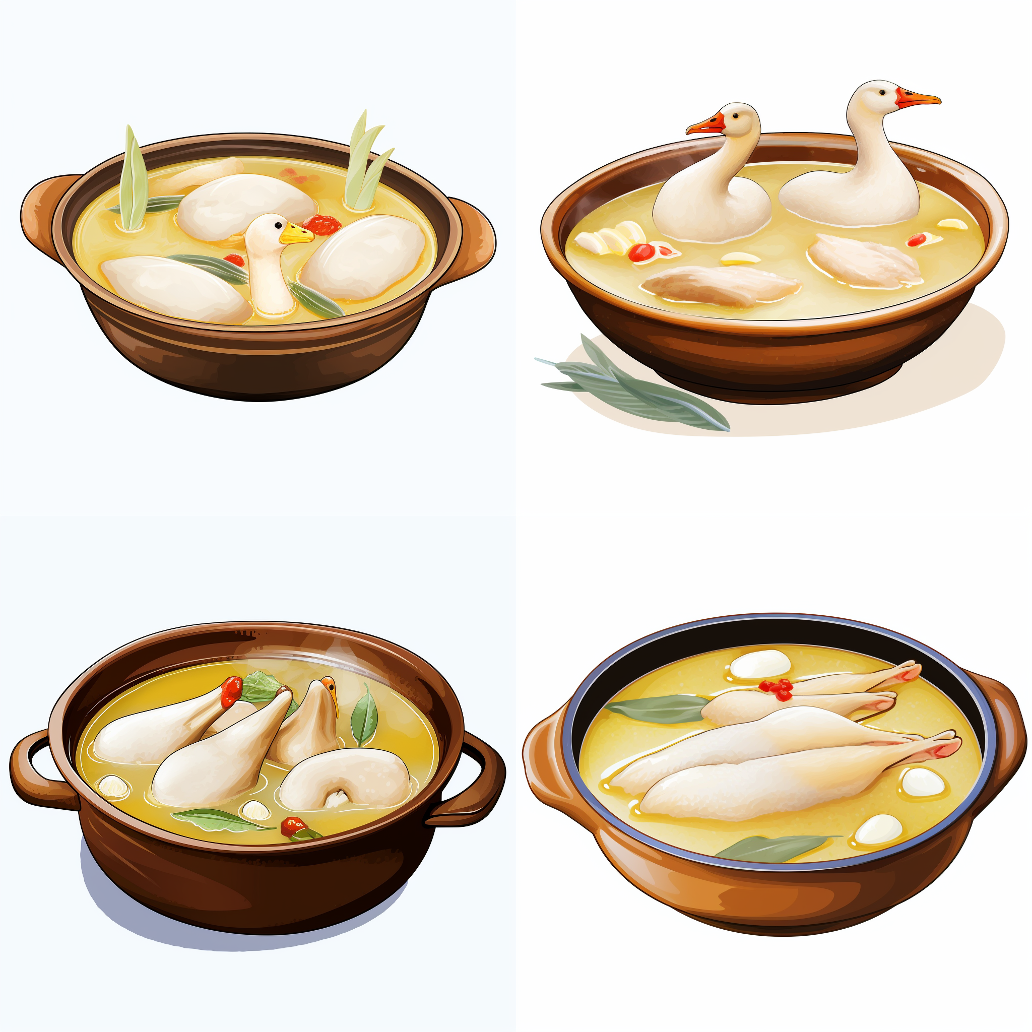 鹅汤，鹅脚汤，矢量元素，卡通元素，简单配色，白色背景，等距。