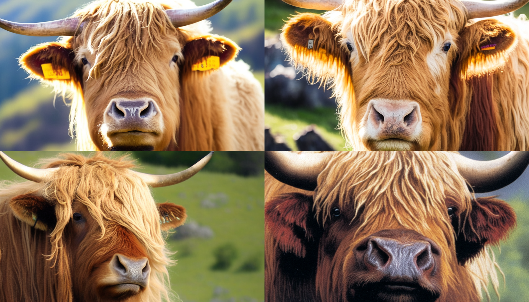 一张金色毛的牦牛头部正面特写的照片，微小，放大视图，胶片35mm,电影海报，距离捕捉到牦牛的头部细节，使画面更加生动，有灵气，有生命力