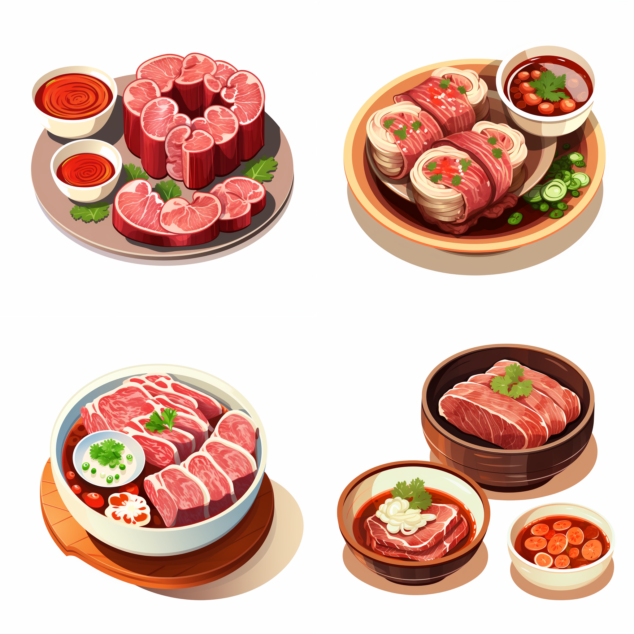 一碗牛肉卷汤，一碗酸汤肥牛，一碗卷起来的牛肉片，矢量元素，卡通元素，简单配色，白色背景，等距。