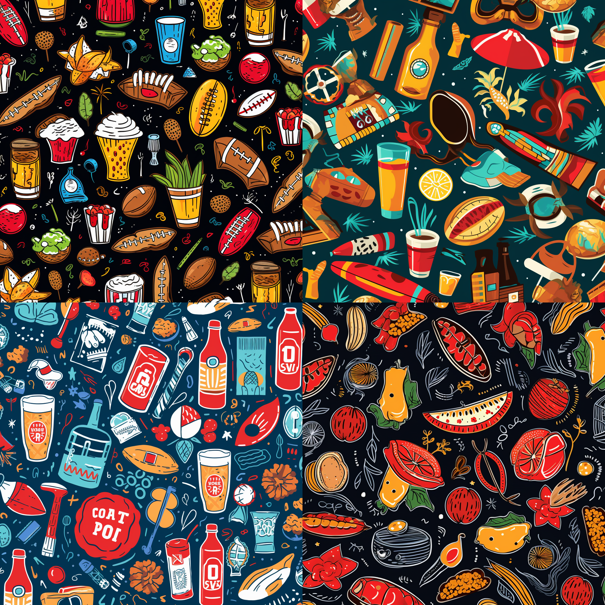 带有超级大碗日节日元素的图案，可以用于做成衣服的布料印花设计