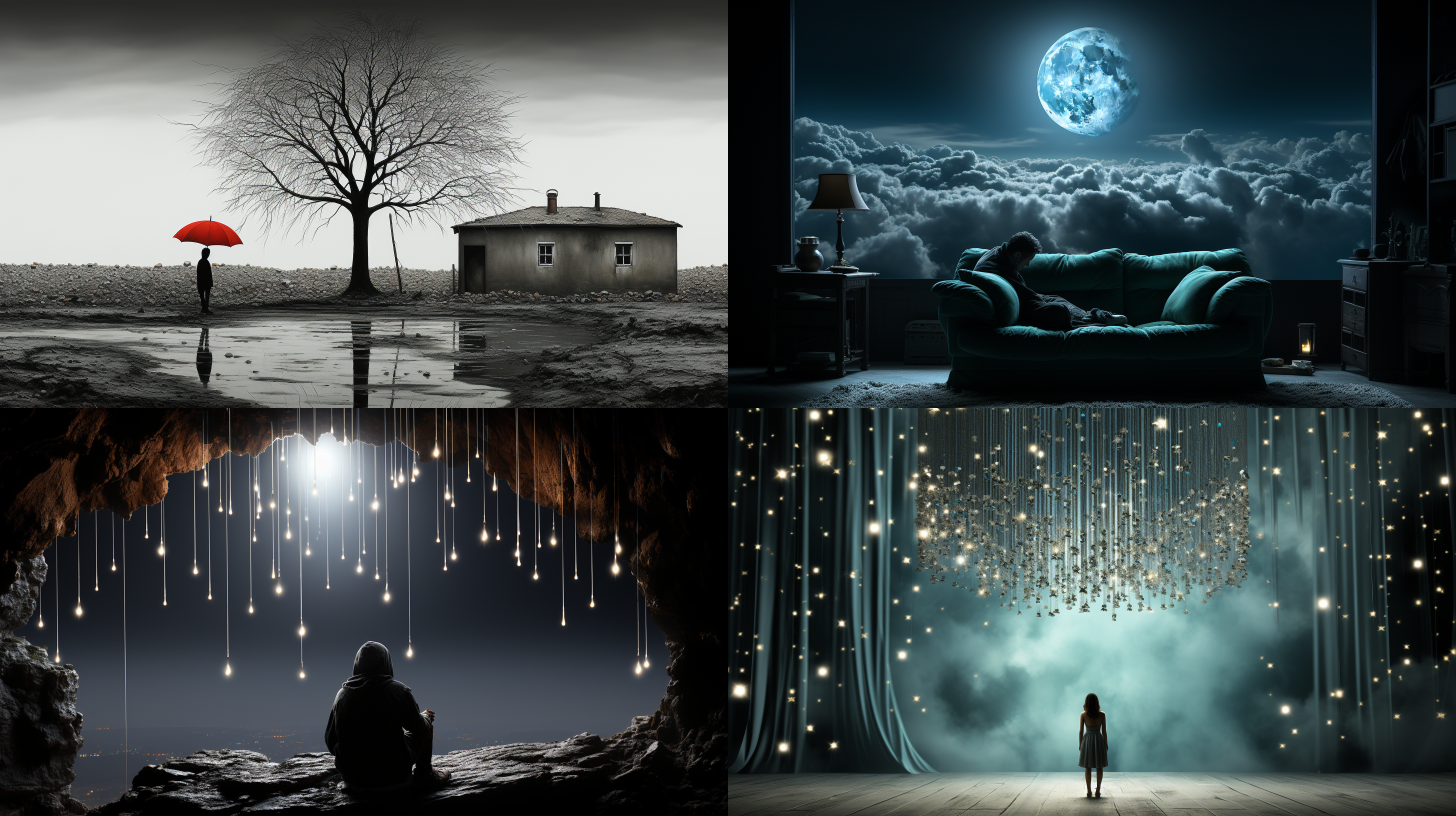 一轮圆月挂在天空，银色的光芒洒满了忧郁的气氛。这一场景描绘了一种象征性的并置，质疑为什么人们分手时月亮总是圆的，暗示着告别时的悲伤感。