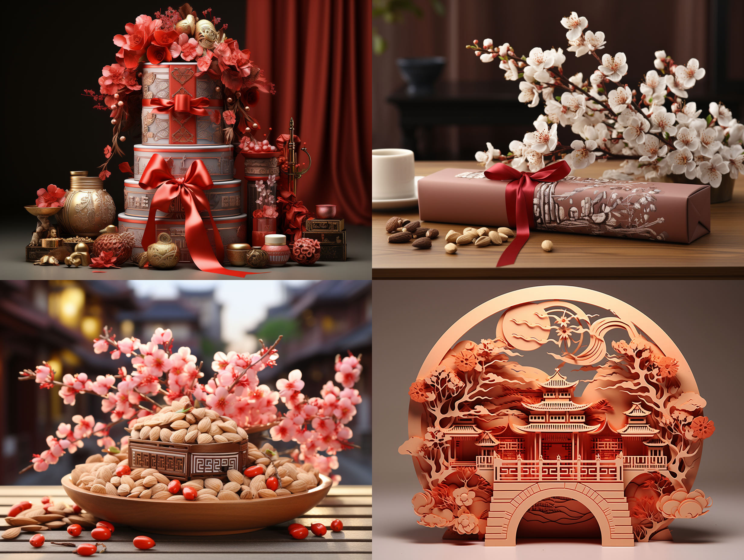 画个坚果礼盒包装盒，设计图，过年喜庆，中国风，江南美景，3d插画。尺寸：410(长)*150（宽）*265（高）mm。