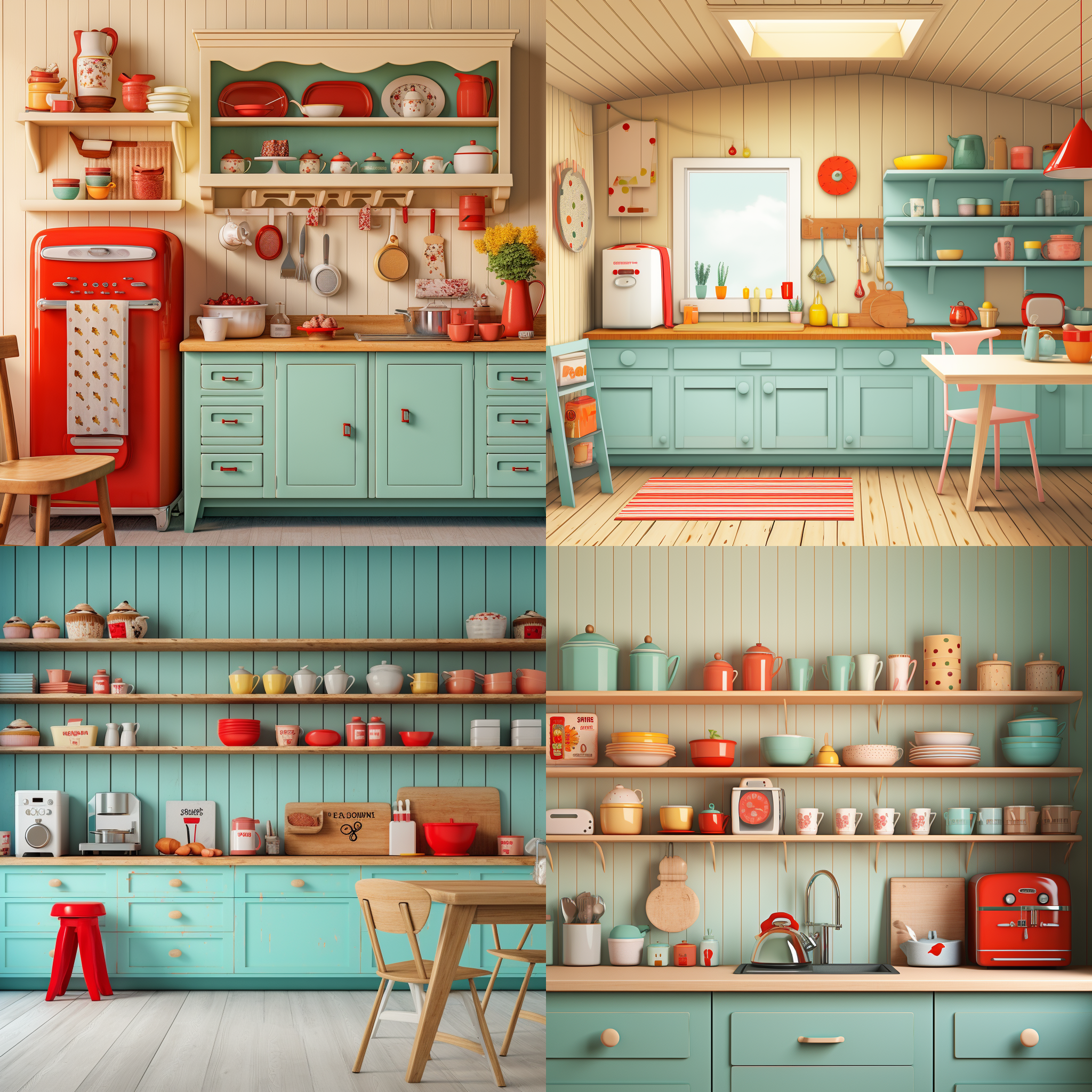 厨房小屋，色彩清新，有各种烘焙厨具，复古简约