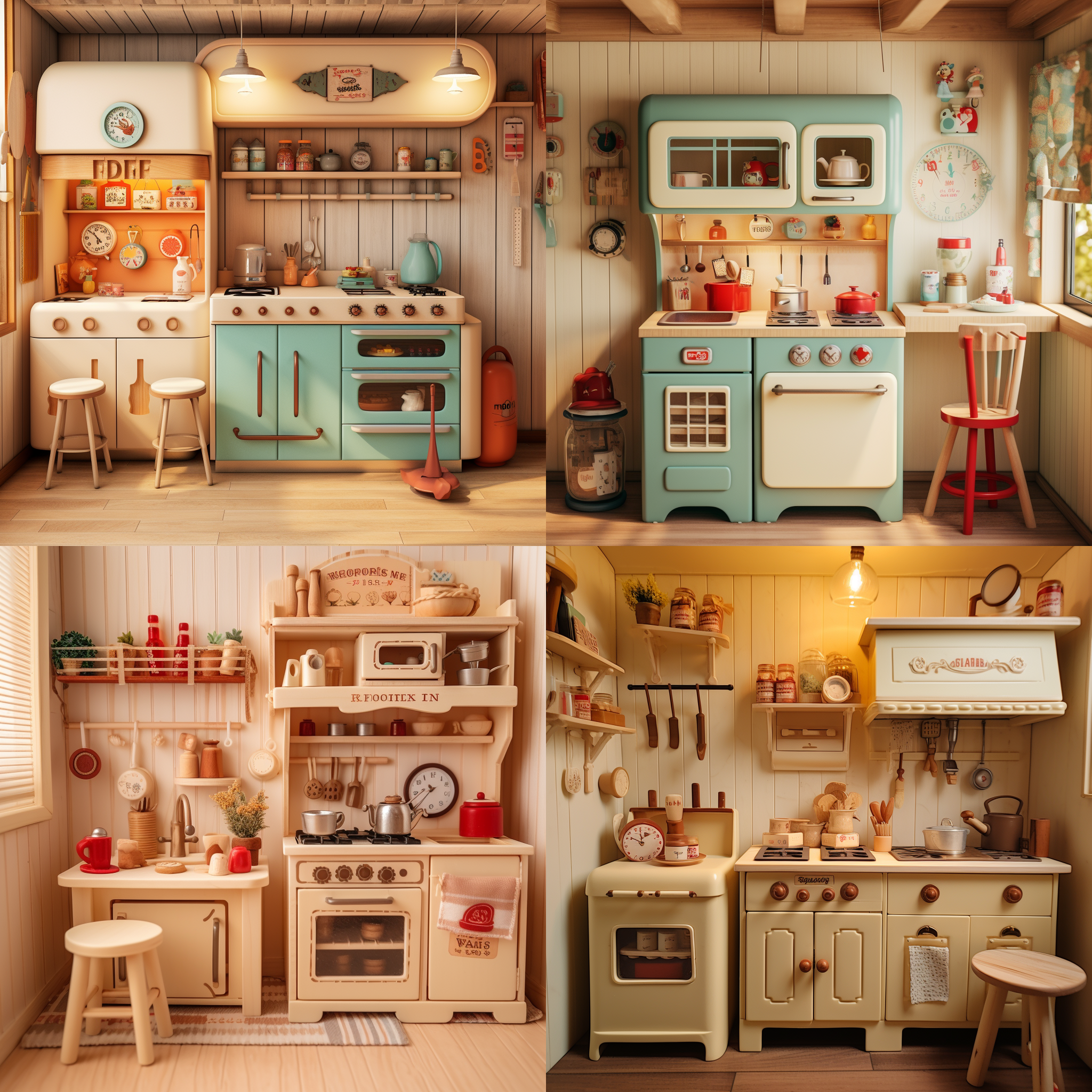 厨房玩具小屋，色彩复古简约，有灶台橱柜吧台，可爱的小装饰，奶油原木风