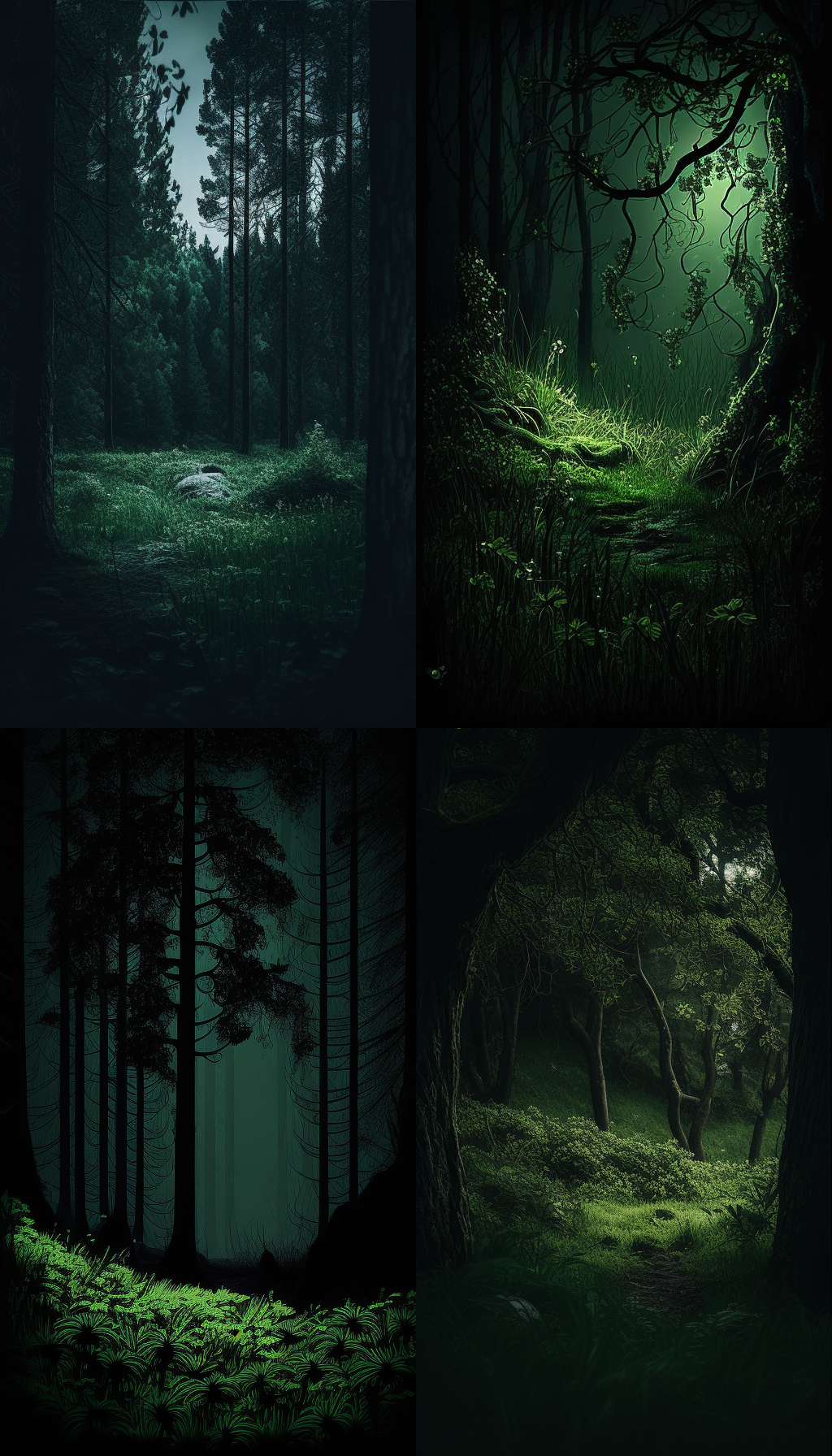 一张户外树林背景图有绿色草地，整体色泽偏暗