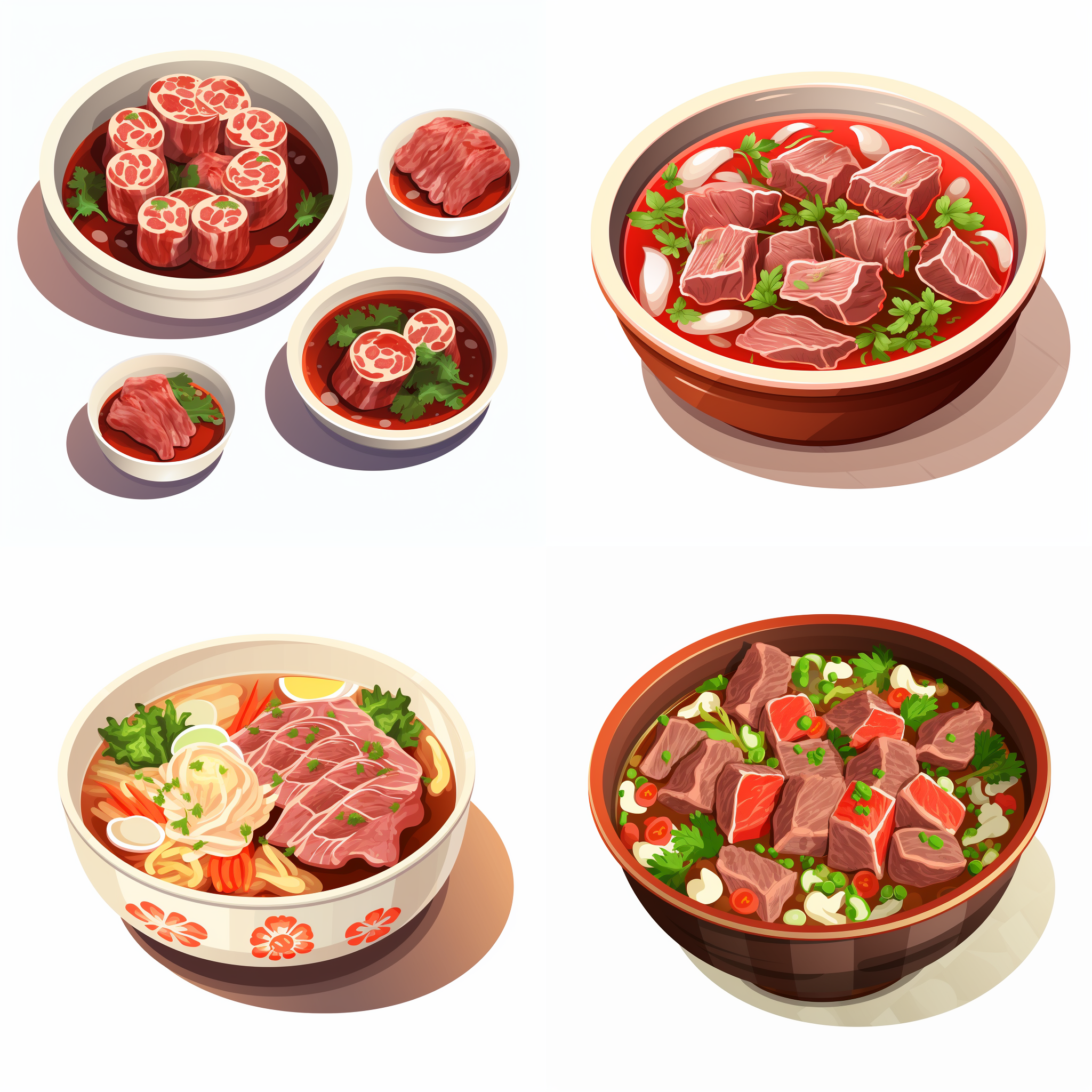 一碗肉牛卷汤，一碗酸汤肥牛，矢量元素，卡通元素，简单配色，白色背景，等距。