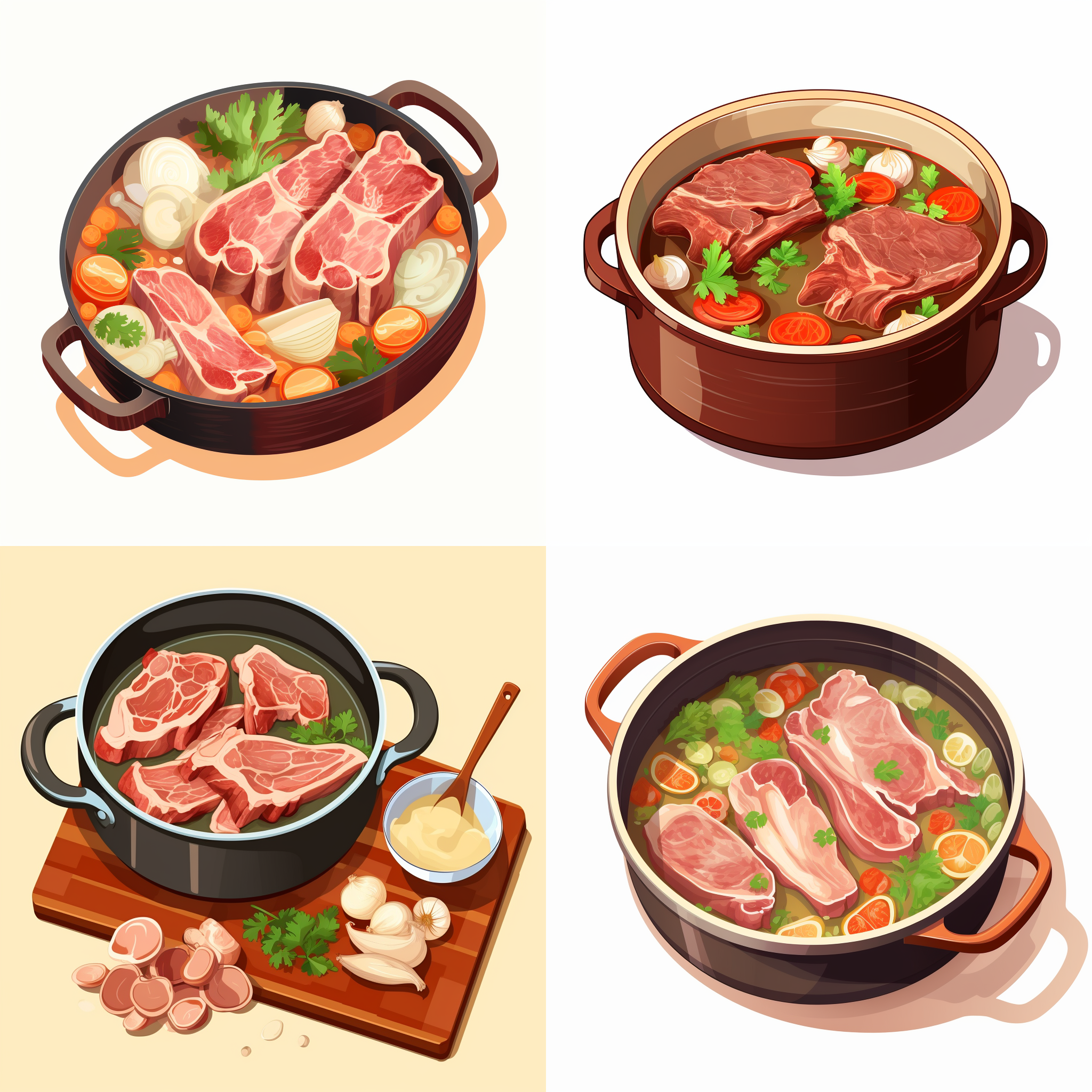 一锅骨头汤，一锅排骨汤，矢量元素，卡通元素，简单配色，白色背景，等距。