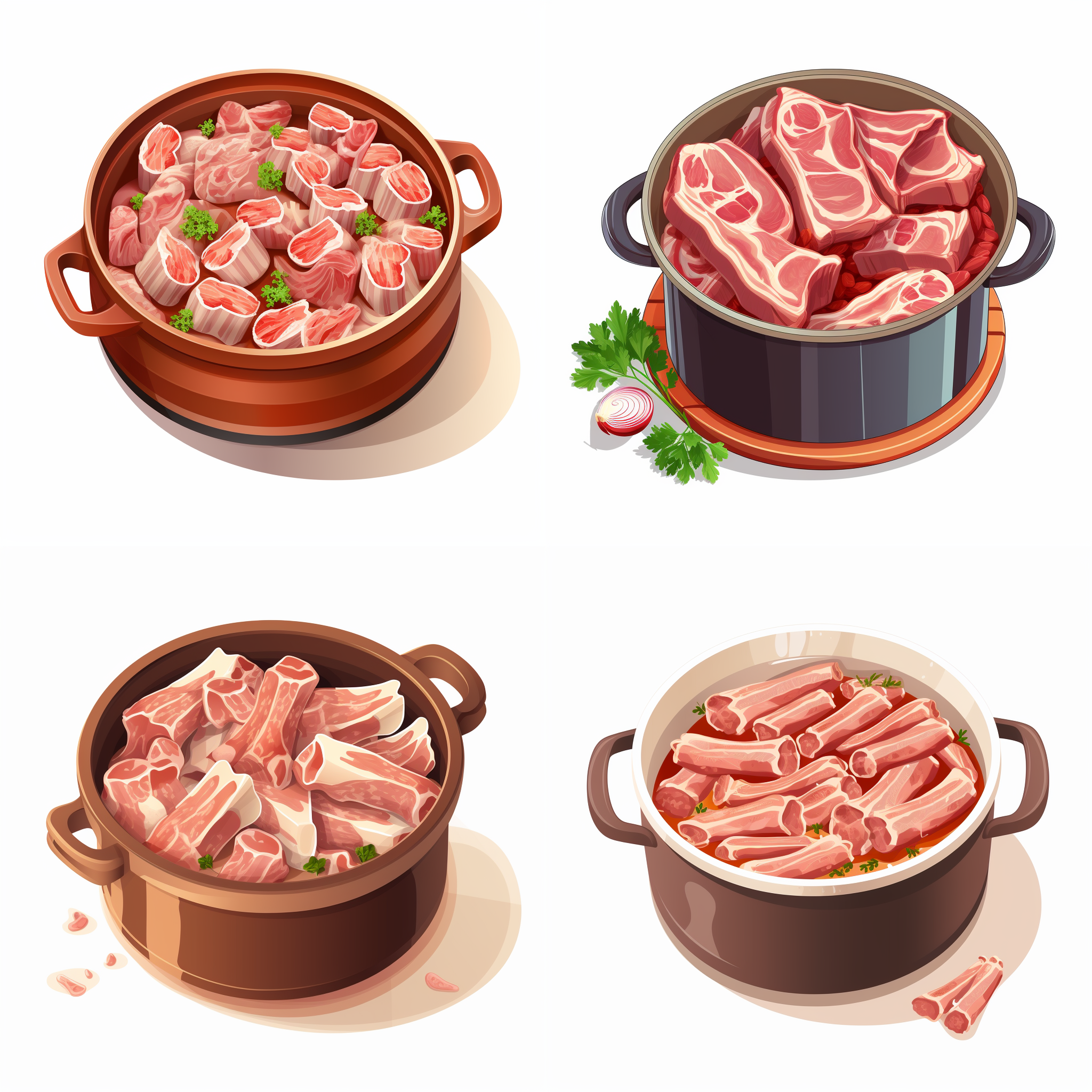 一排一排的猪骨放在锅里，锅里有汤，矢量元素，卡通元素，简单配色，白色背景，等距，大师作品，8k画质。