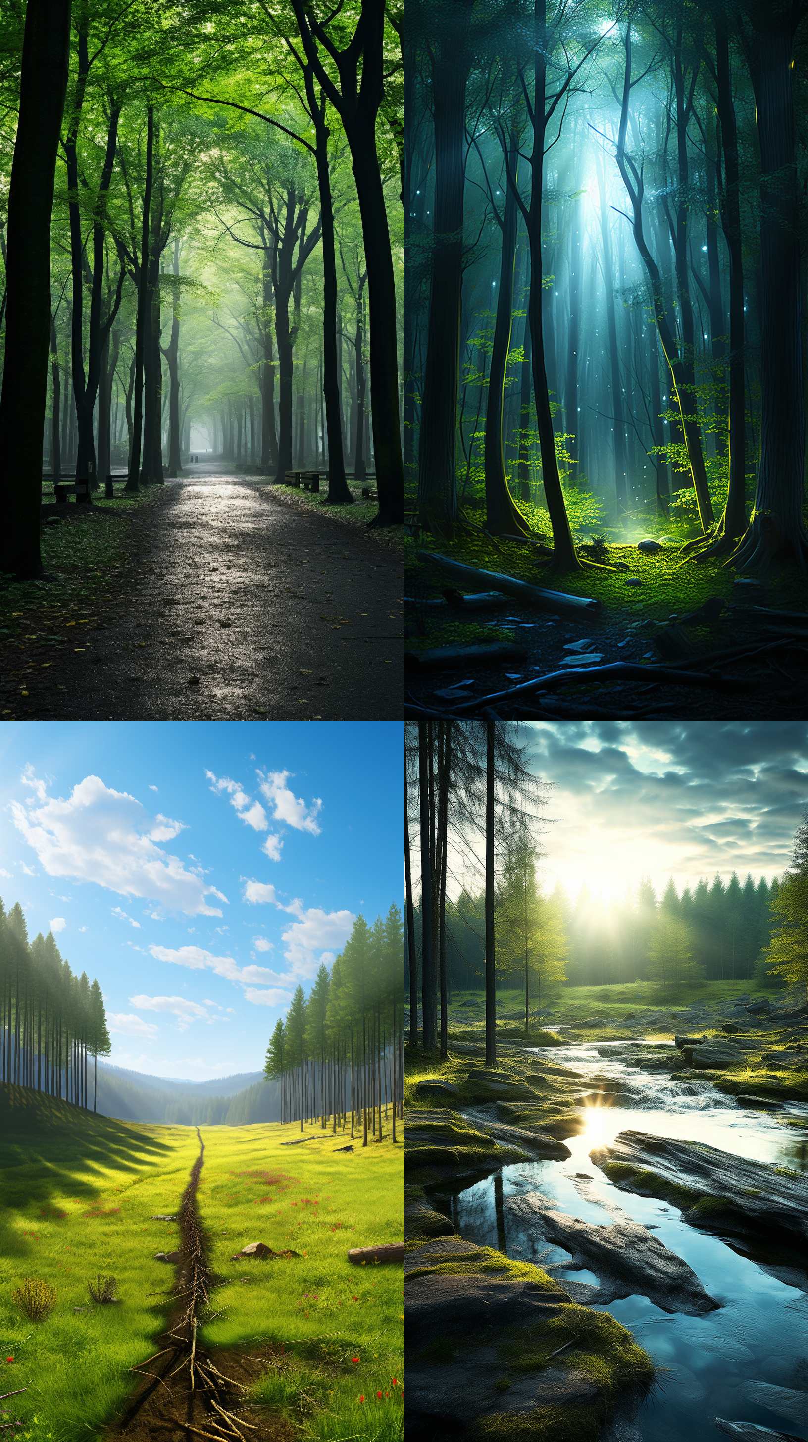 绿色草地，地是平的 树林 多云 真实 风景 树林 多云 真实 风景