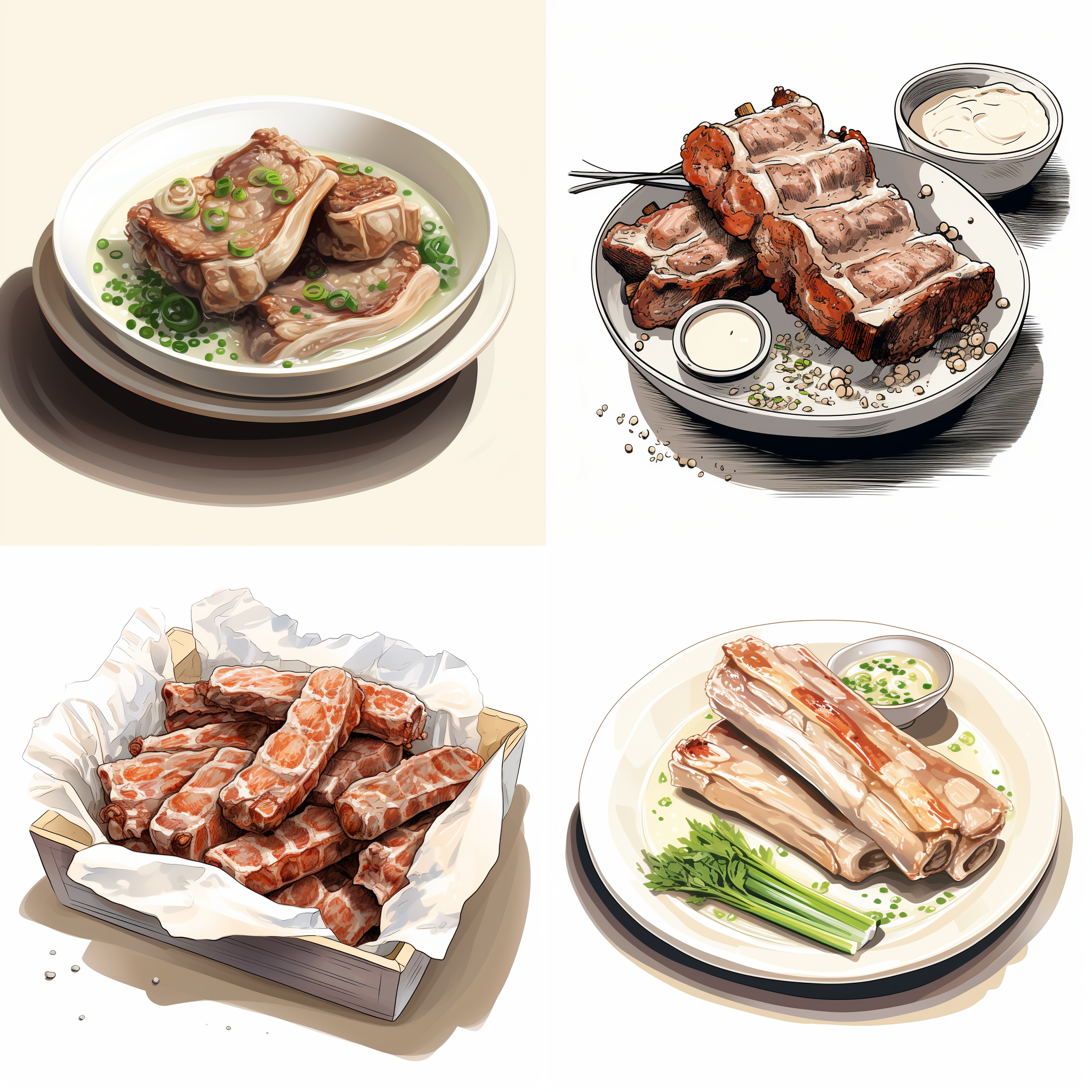 排骨，白色的汤，cartoon, illustration, detail, simple color scheme, white background