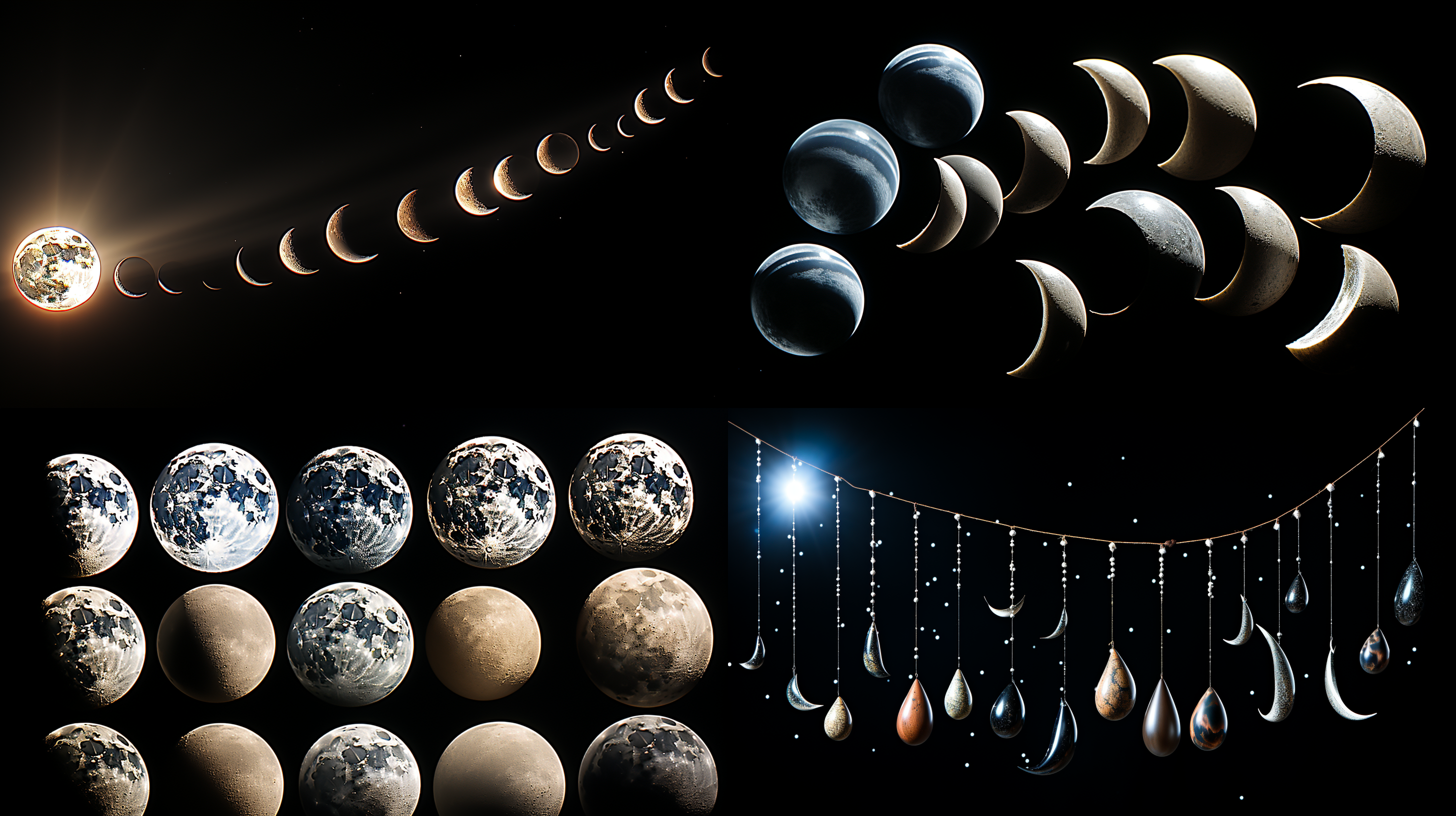 显示月相的不同阶段的图像，包括满月（圆月）、新月（暗月）、盈月和亏月，背景是漆黑的夜空。