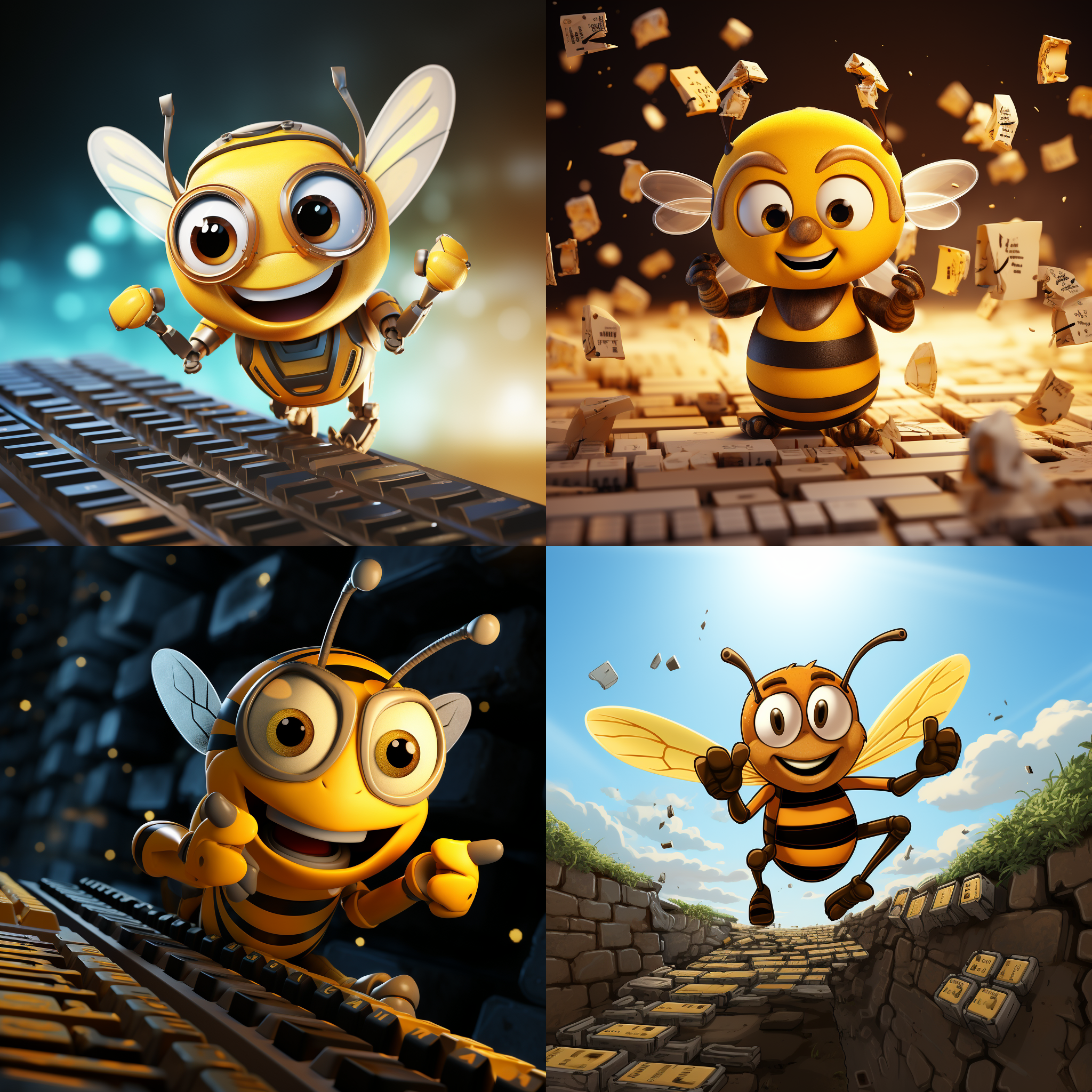 手拿电脑键盘，一个卡通人形蜜蜂正在飞翔，身上背着一个卷纸。构图简洁明快，色彩鲜艳活泼，环境干净整洁。使用广角镜头，光线柔和，动作生动，元素夸张夺目，呈现出欢快的氛围。