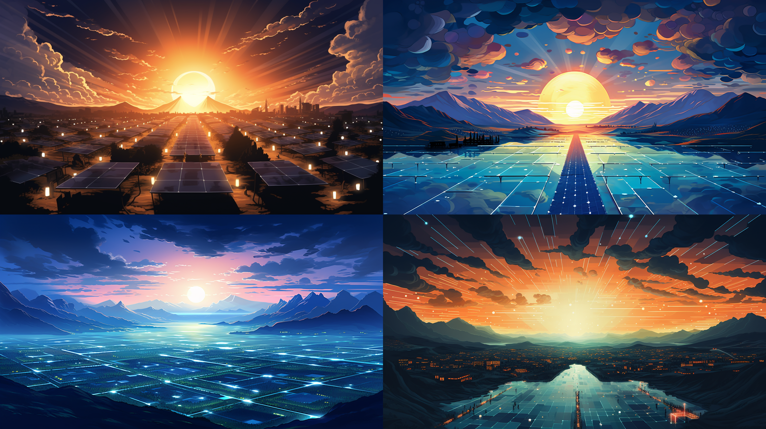  光伏村落、扁平插图、远景、光伏物联网科技发光体、光从地平线升起，光线从近处向远处延伸、画面处于画面下方三分之二的部分、平俯视、全景 