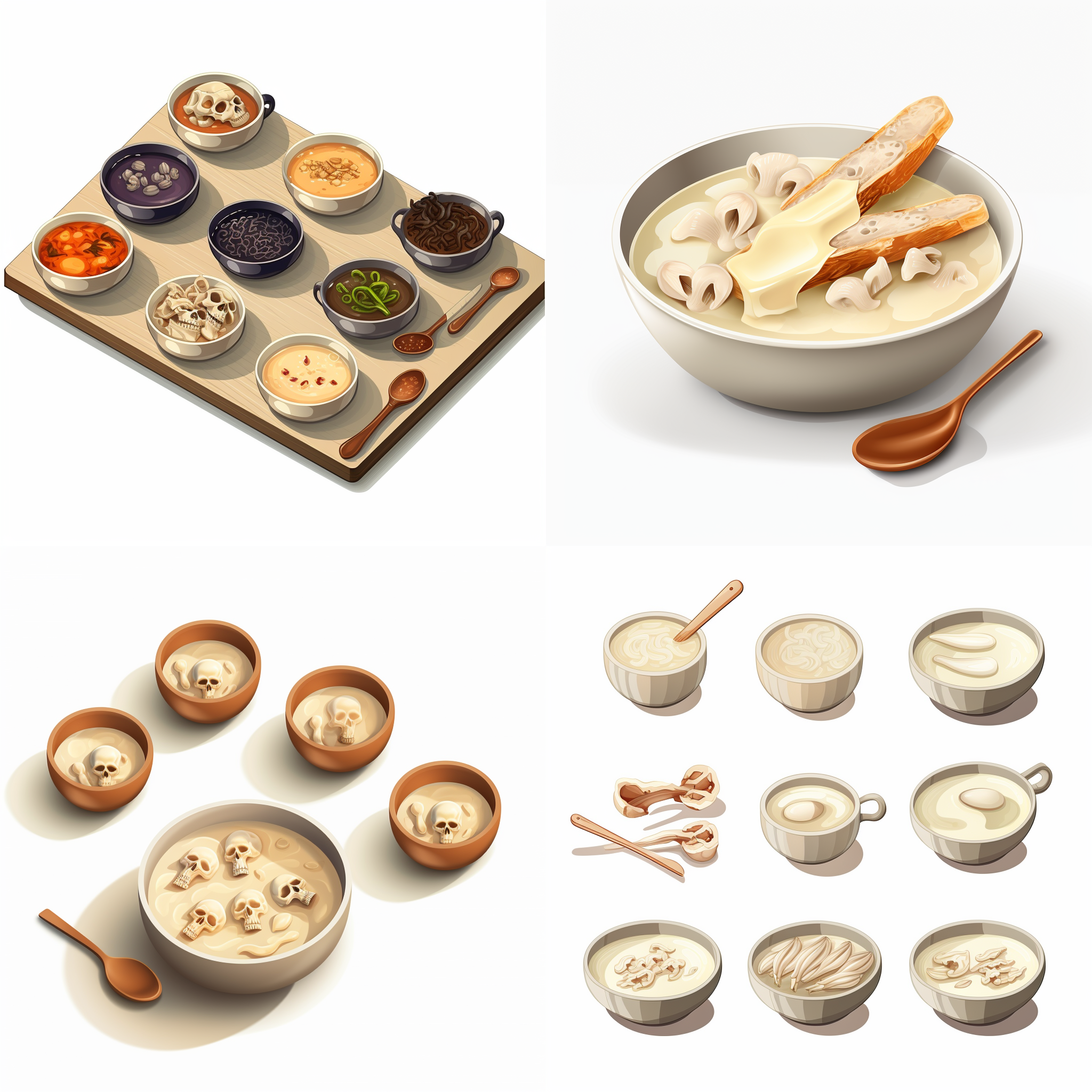 a row of bones is placed in the soup，矢量元素，卡通元素，简单配色，白色背景，等距，大师作品，8k画质。