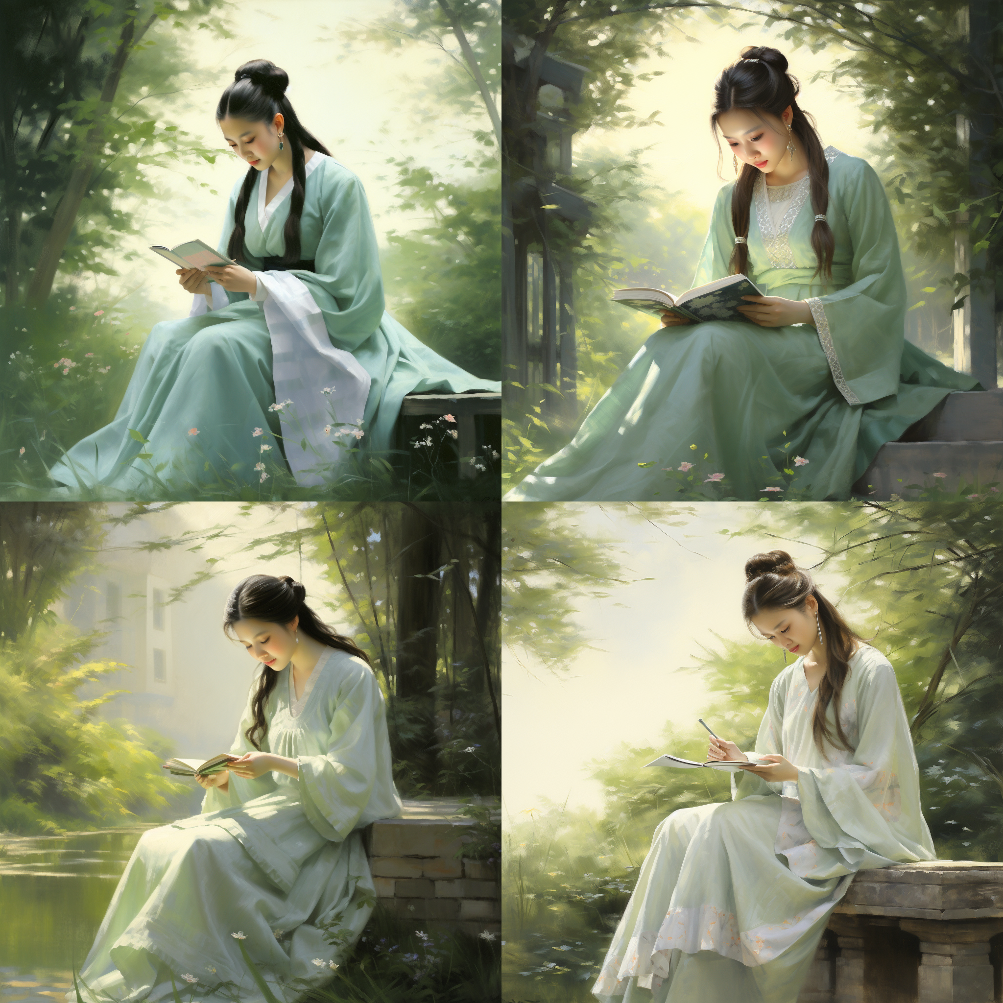 一名穿着浅绿色衣服的女人坐在院子里看书，长发及腰，头戴白色玉簪，整体着装简单大气，周围是清幽的竹林，古风工笔人物风格，画质古朴细腻