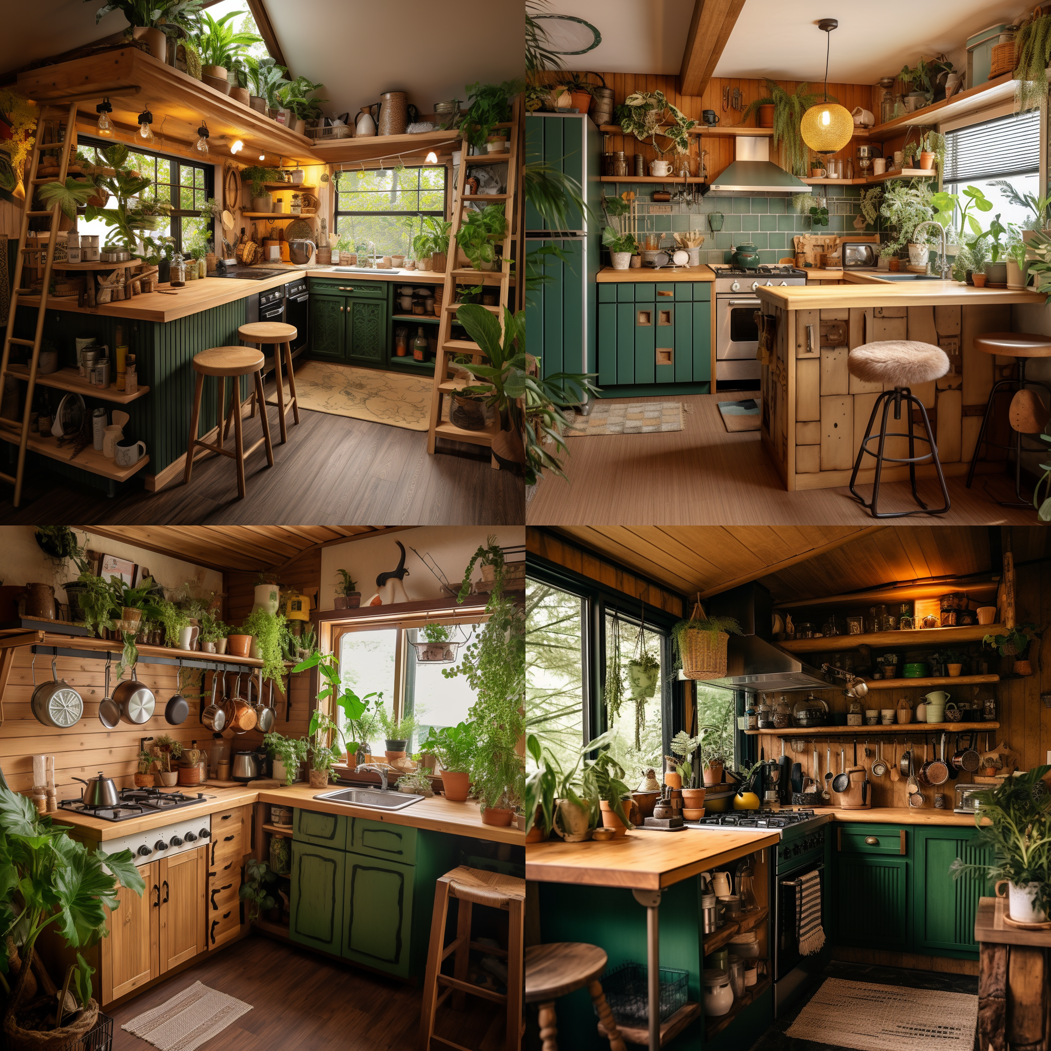 厨房小屋，色彩复古简约，有灶台橱柜吧台，可爱的小装饰，少量绿植，原木风