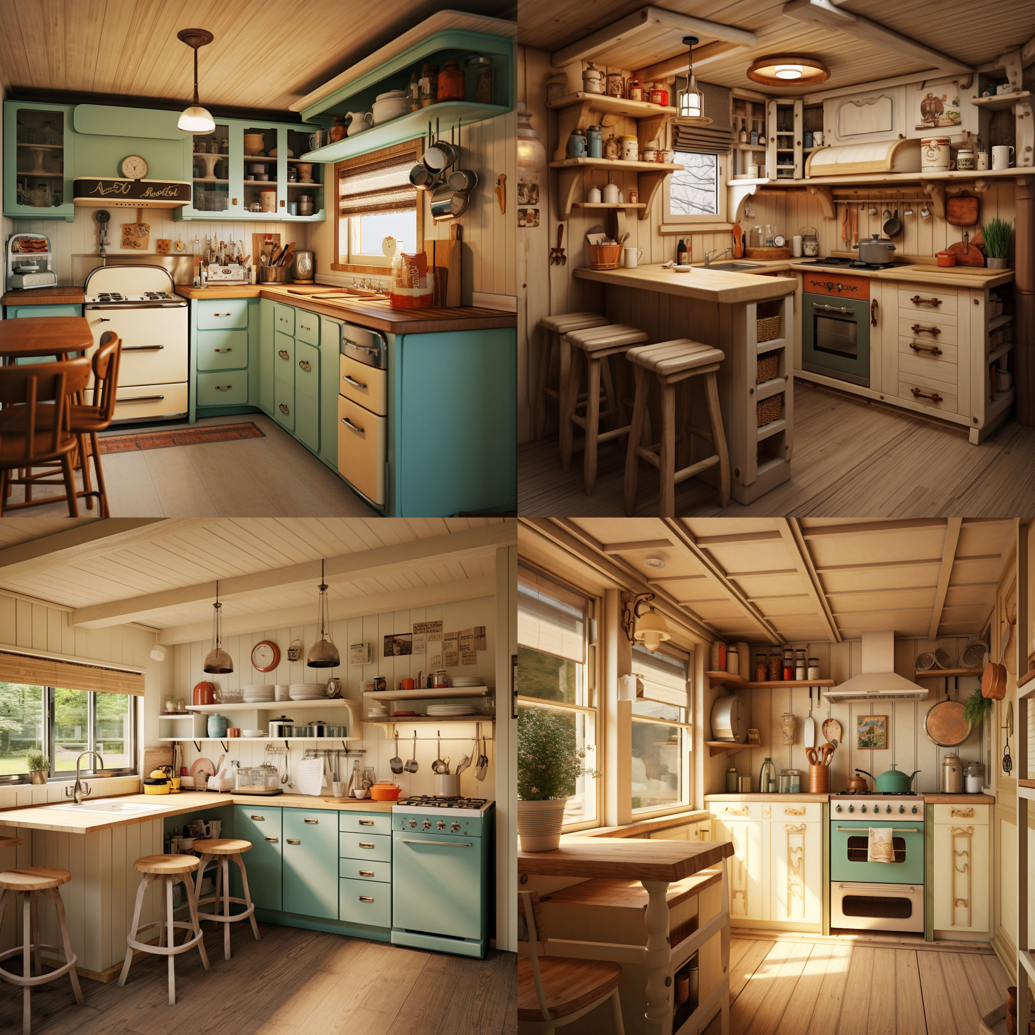 厨房小屋，色彩复古简约，有灶台橱柜吧台，可爱的小装饰，奶油原木风