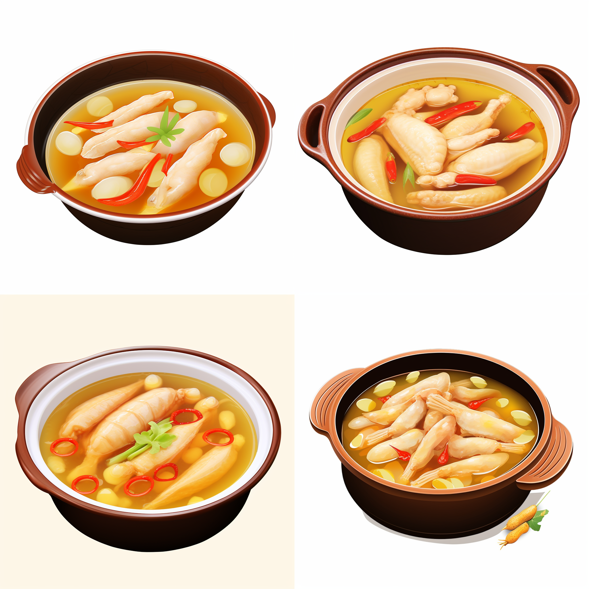 鸡爪汤，矢量元素，卡通元素，简单配色，白色背景，等距。