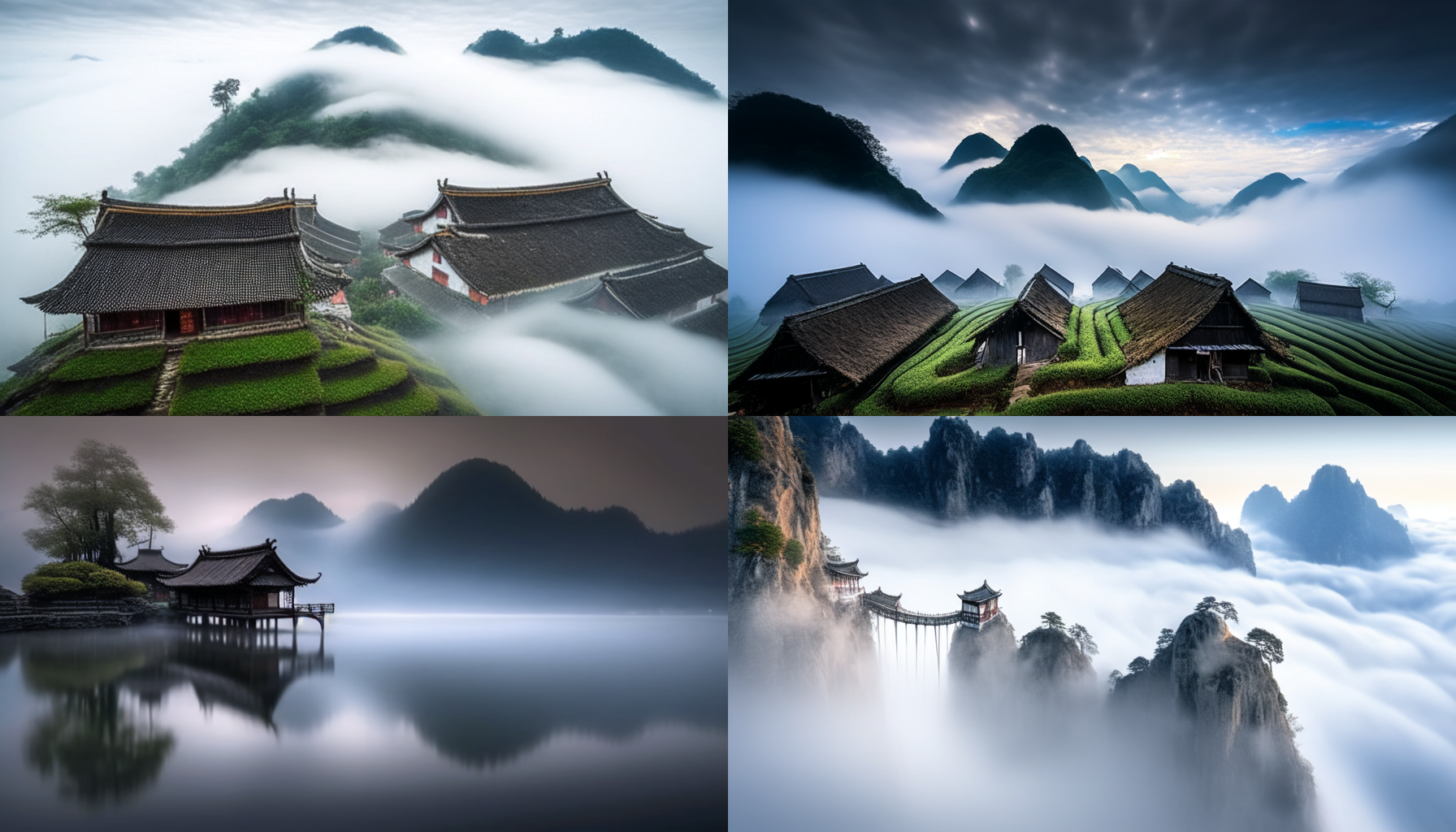 中国古代时期茅草屋坐落在云端之上，被绵延的白云环绕。照片呈现出梦幻般的氛围，充满了神秘感和宁静感。仿佛能感受到上仙们在这里过着恬淡而神秘的生活。使用宽幅镜头捕捉了宏伟的云景，运用长曝光技术创造柔和的光线，突显主题色调以蓝色和白色为主，表达出平静和神秘的情感。