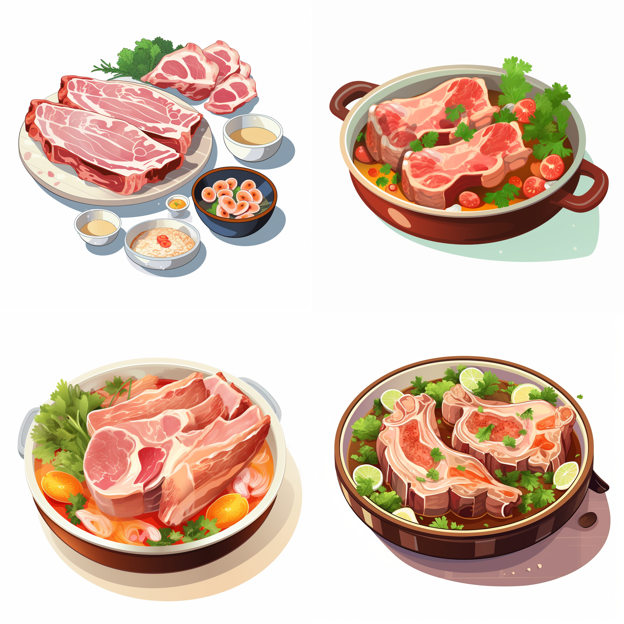 chops，pork rib soup，矢量元素，卡通元素，简单配色，白色背景，等距，大师作品，8k画质。