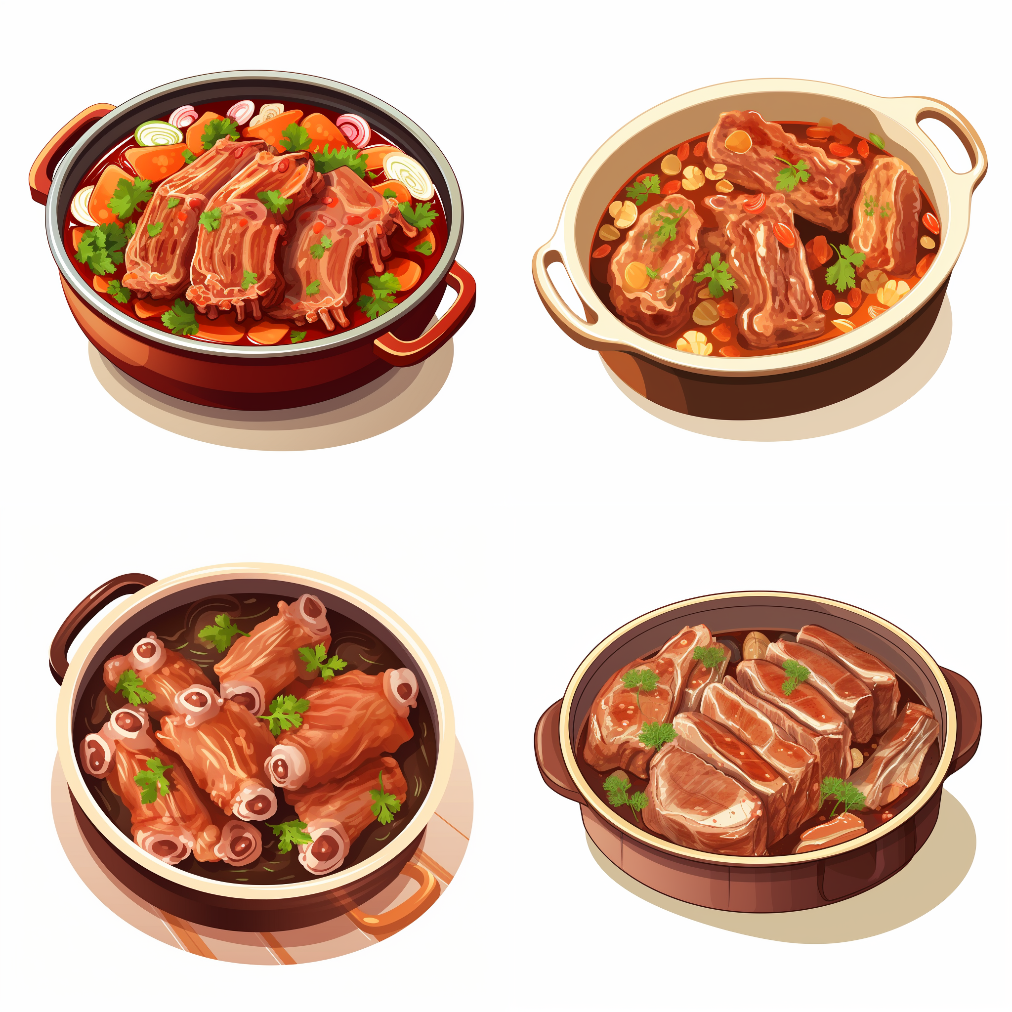 炖排骨，排骨汤，矢量元素，卡通元素，简单配色，白色背景，等距，大师作品，8k画质。