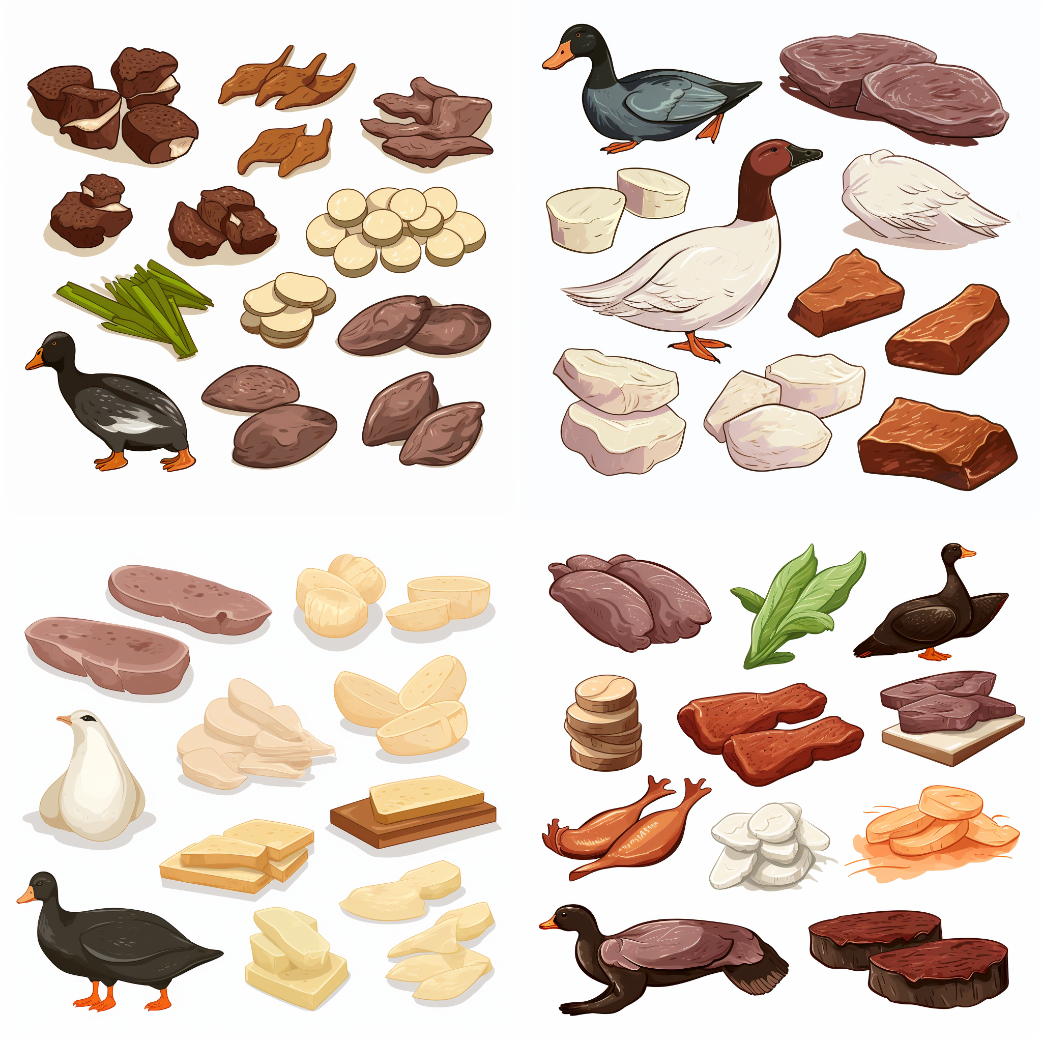 鸭肉，鸭块，鸭片，卡通插图风格，矢量元素，简单的配色方案，白色背景，等构