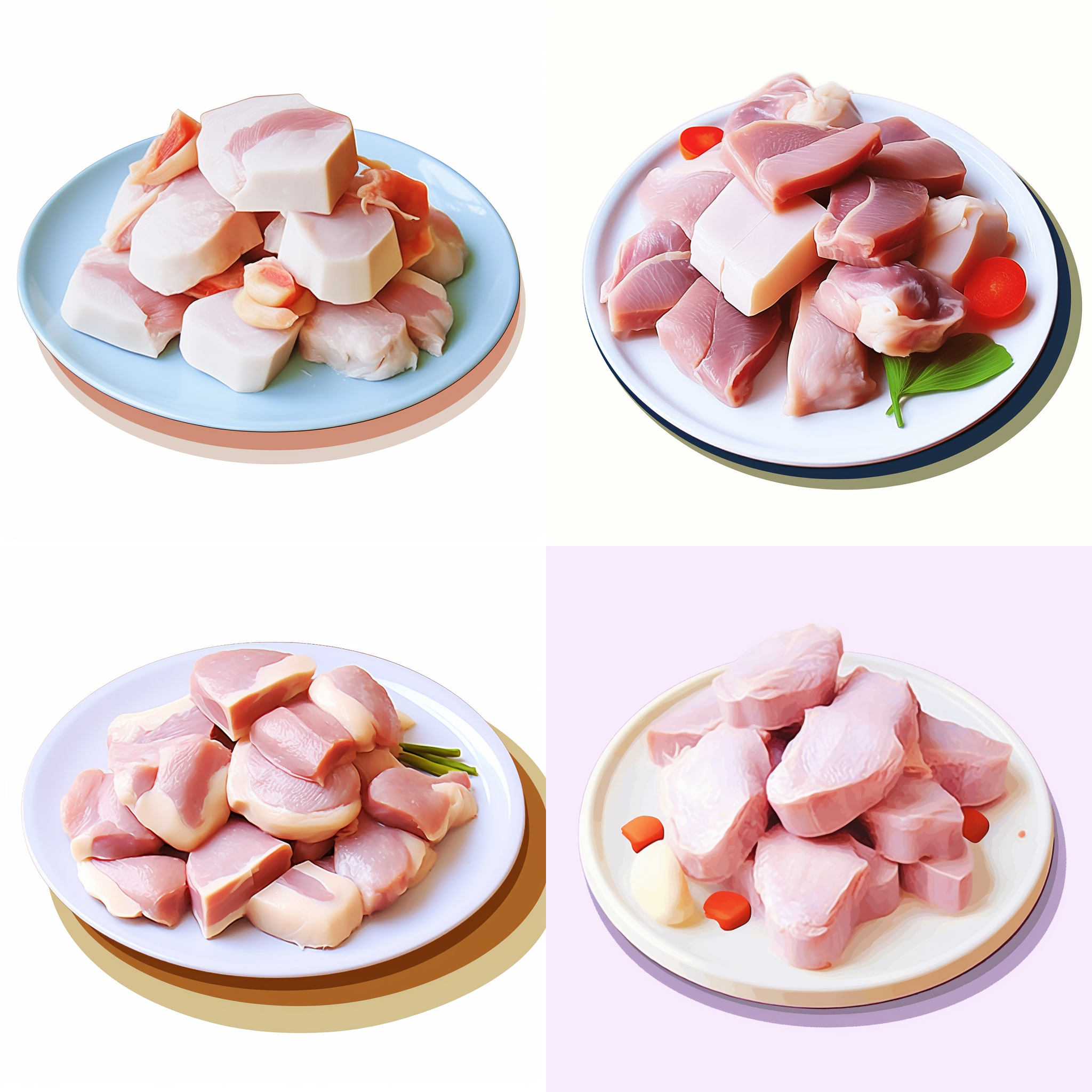 生鸭肉块堆砌着放在盘子里，卡通插图风格，矢量元素，简单的配色方案，白色背景，