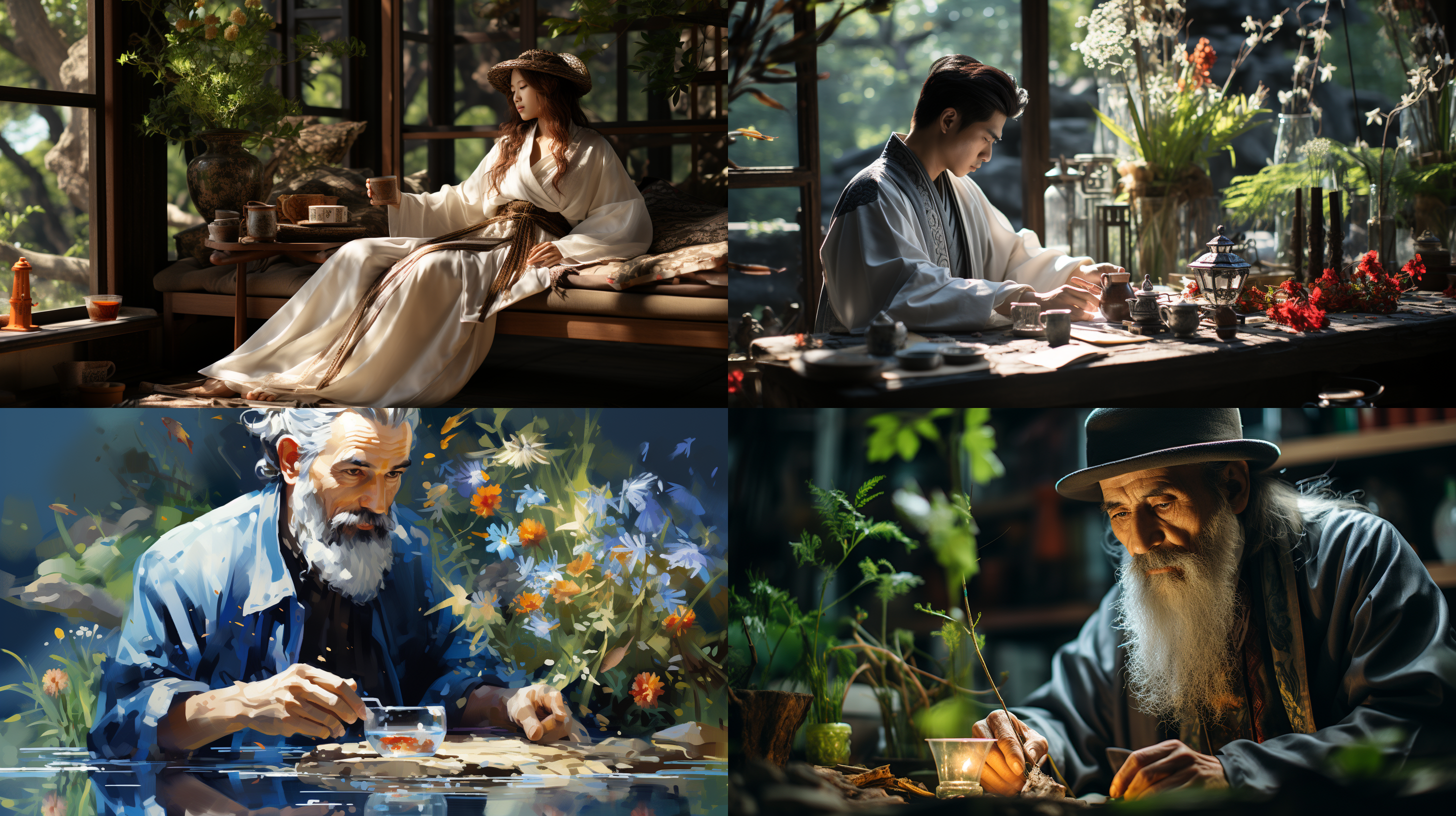 中国唐代汉服中年男子坐在花园凉亭下，带帽子，看水池赏花喝茶，上半身特写，现实感，阳光，午后，古典园林背景，超逼真，复杂的细节，假山石头，花草，不要日式风格和日本男子装扮