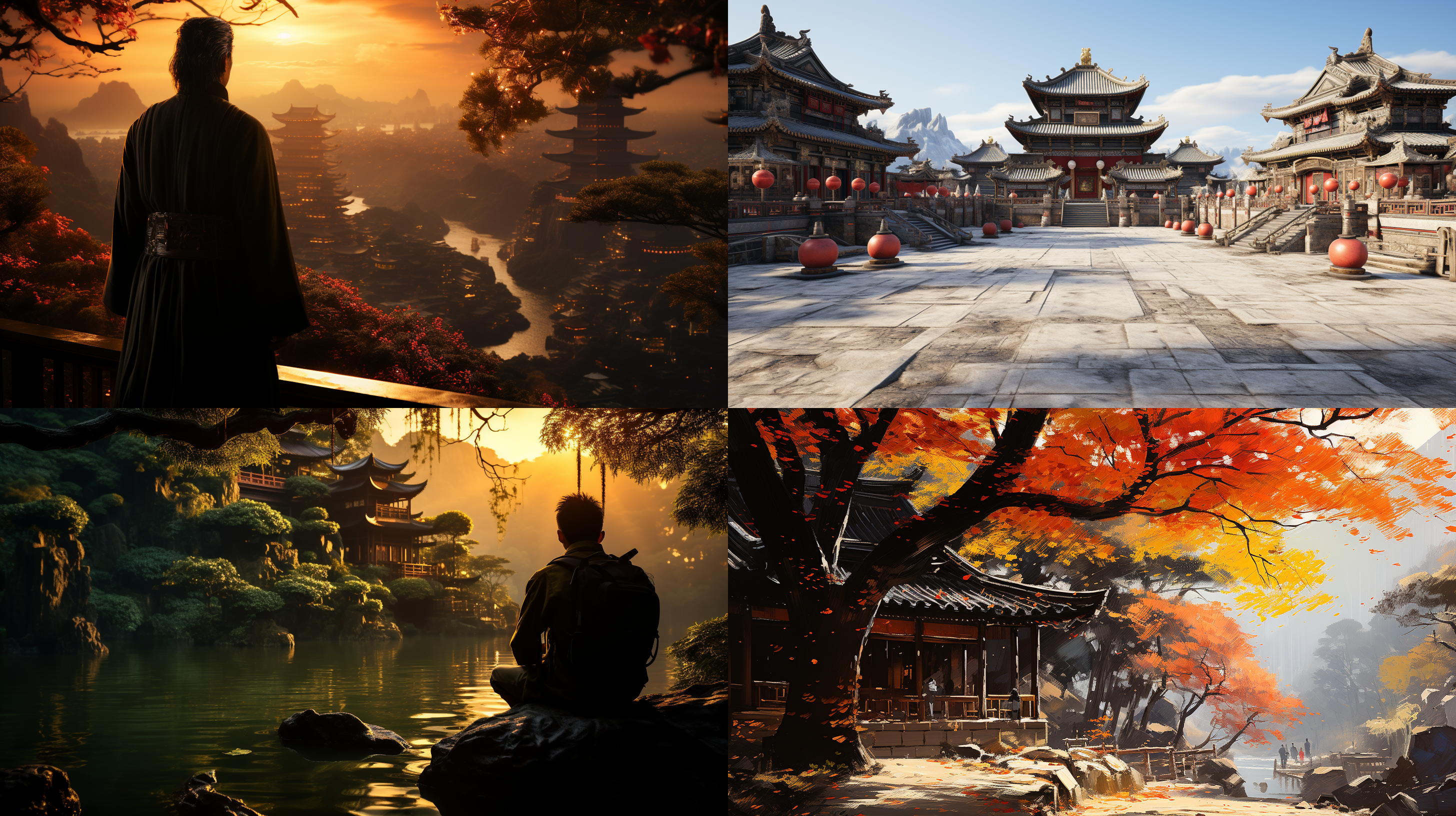 午后阳光下一个中国古代唐朝男人，他是个诗人也是个官员，站在自家庭院里欣赏着周边的亭台楼阁，