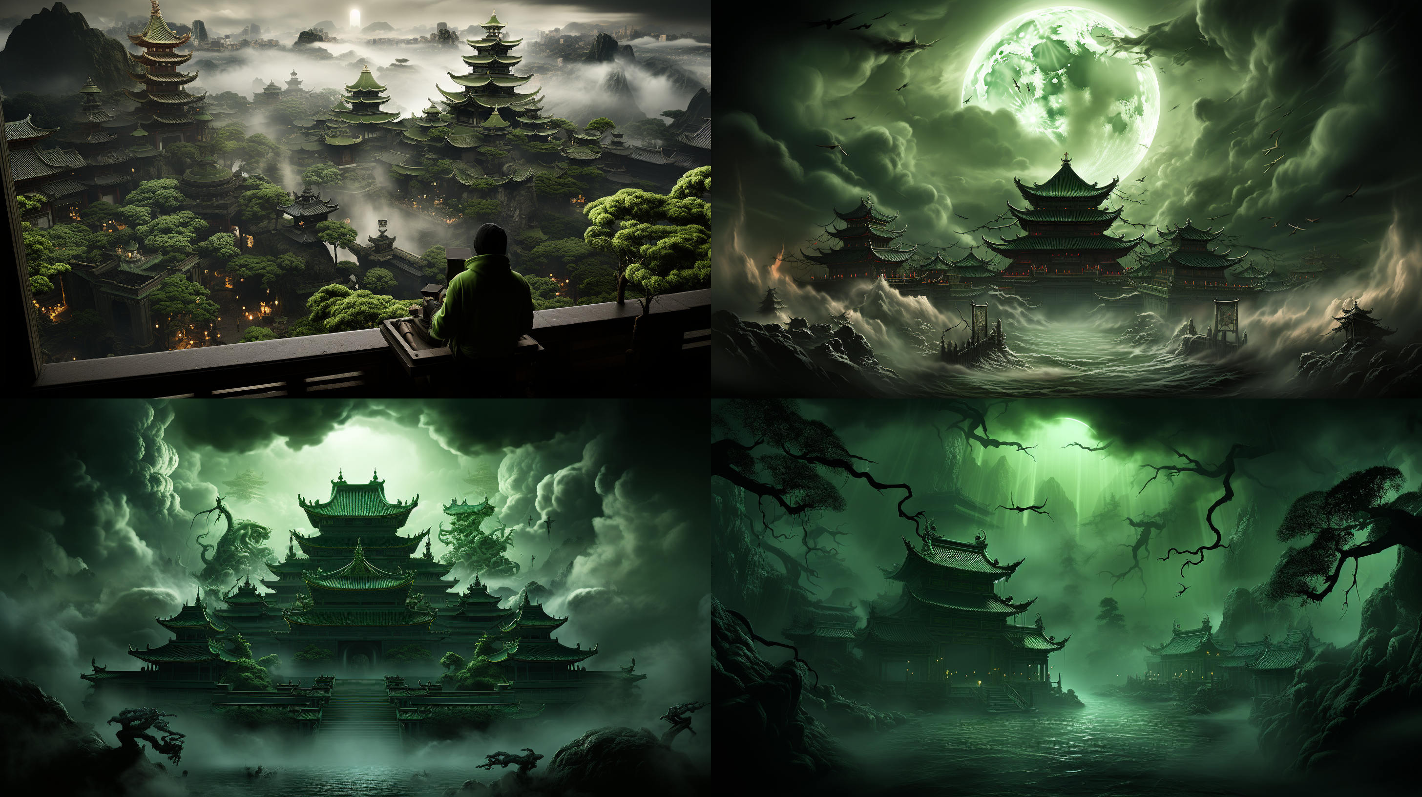空灵的形象描绘了一个人在想乘风回到天上和害怕豪华玉楼的高度之间的矛盾，表明他们对高处孤独的恐惧。场景以广阔、多风的风景为背景，象征着对天上的渴望。华丽的玉石建筑和塔楼反映了城市生活的魅力和富裕。这张照片带有一种忧郁和怀旧的气氛，以及城市生活的魅力和家庭舒适之间的紧张关系。