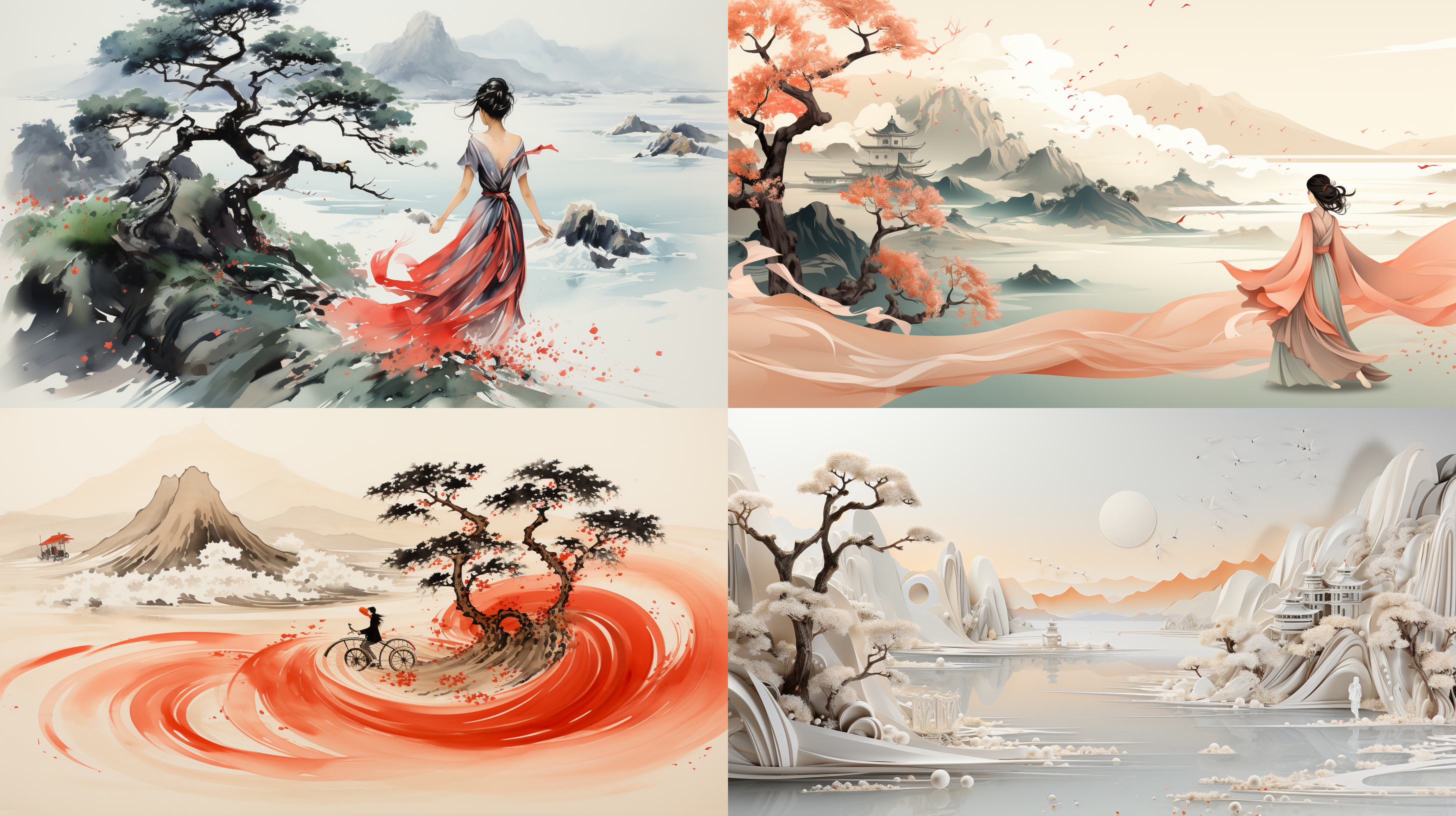 一幅中国古典场景的画面：一个性别不明的人，穿着传统的汉服，试图乘风而行，仿佛试图回到遥远的地方。风在视觉上表现为旋转的气流，整个场景呈现出雄伟的中国古代风景，背景中有连绵起伏的山脉，附近有几棵松树，一条宁静的河流流过，还有空灵的日落等细节装饰着天空。