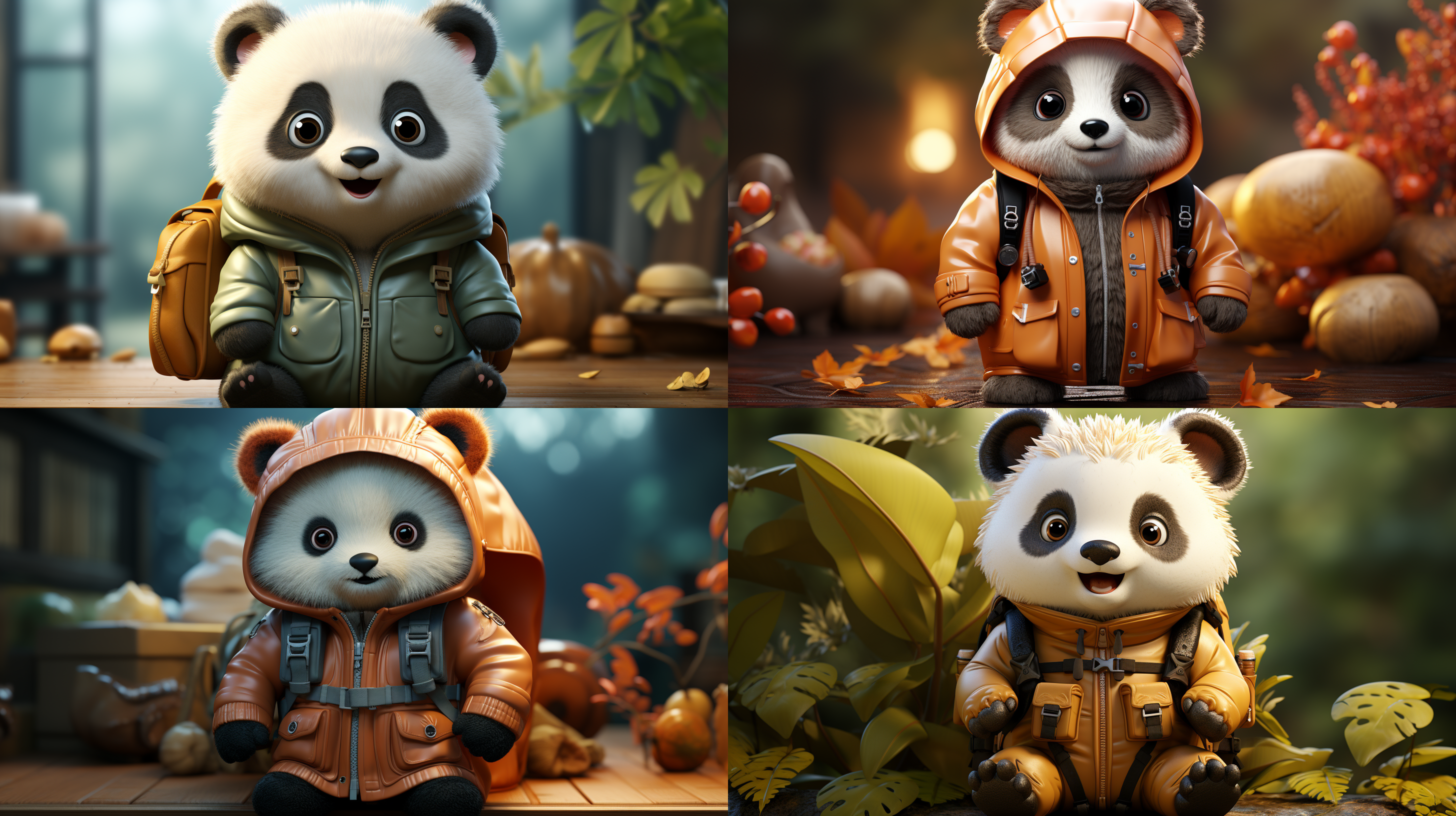 一只可爱的熊猫，看着镜头，站得自然饱满，穿着衣服。高端自然配色，明亮和谐，可爱多彩，光线追踪，泡泡商城风格，设计简洁，ip盲盒形象，人物设计细节，有趣的人物设计，行为，海派，有机雕塑，c4d风格，卡通写实，图书插图风格，4k展示，