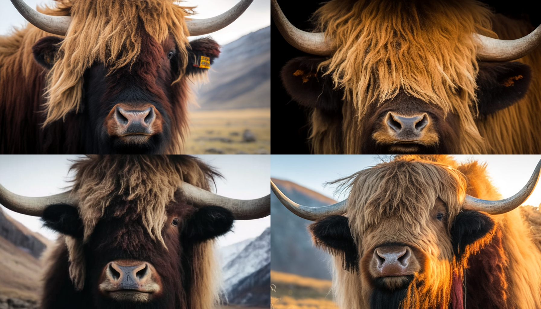 一张牦牛头部正面特写的照片，呈现出牦牛庞大而壮丽的形象。牦牛的皮毛细腻而浓密，展现出深沉的棕色与金色的层次感。光线透过毛发的缝隙，照亮了牦牛眼中坚毅而温和的目光。照片采用高清晰度镜头，以近距离捕捉到牦牛的每个细节，使画面更加生动。色调以自然的暖色调为主，突出牦牛的原始与纯粹。饱满的形状、深邃的色彩和坚毅的目光传达着力量和自由的情感。