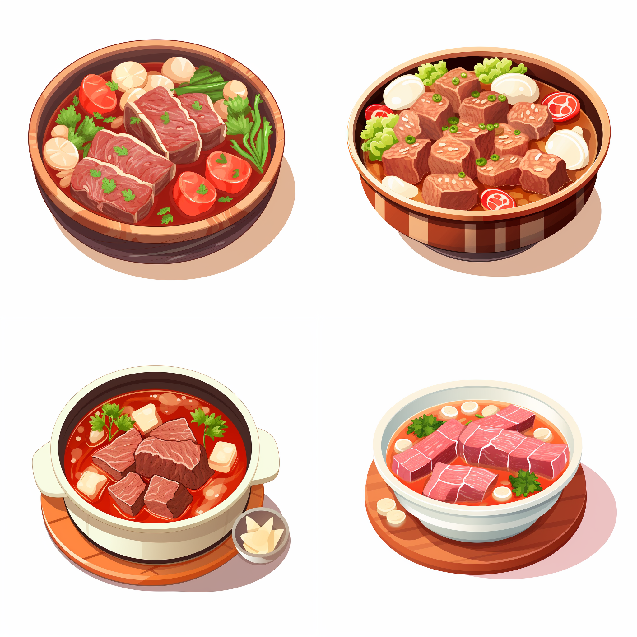 一碗肉牛卷汤，一碗酸汤肥牛，矢量元素，卡通元素，简单配色，白色背景，等距。