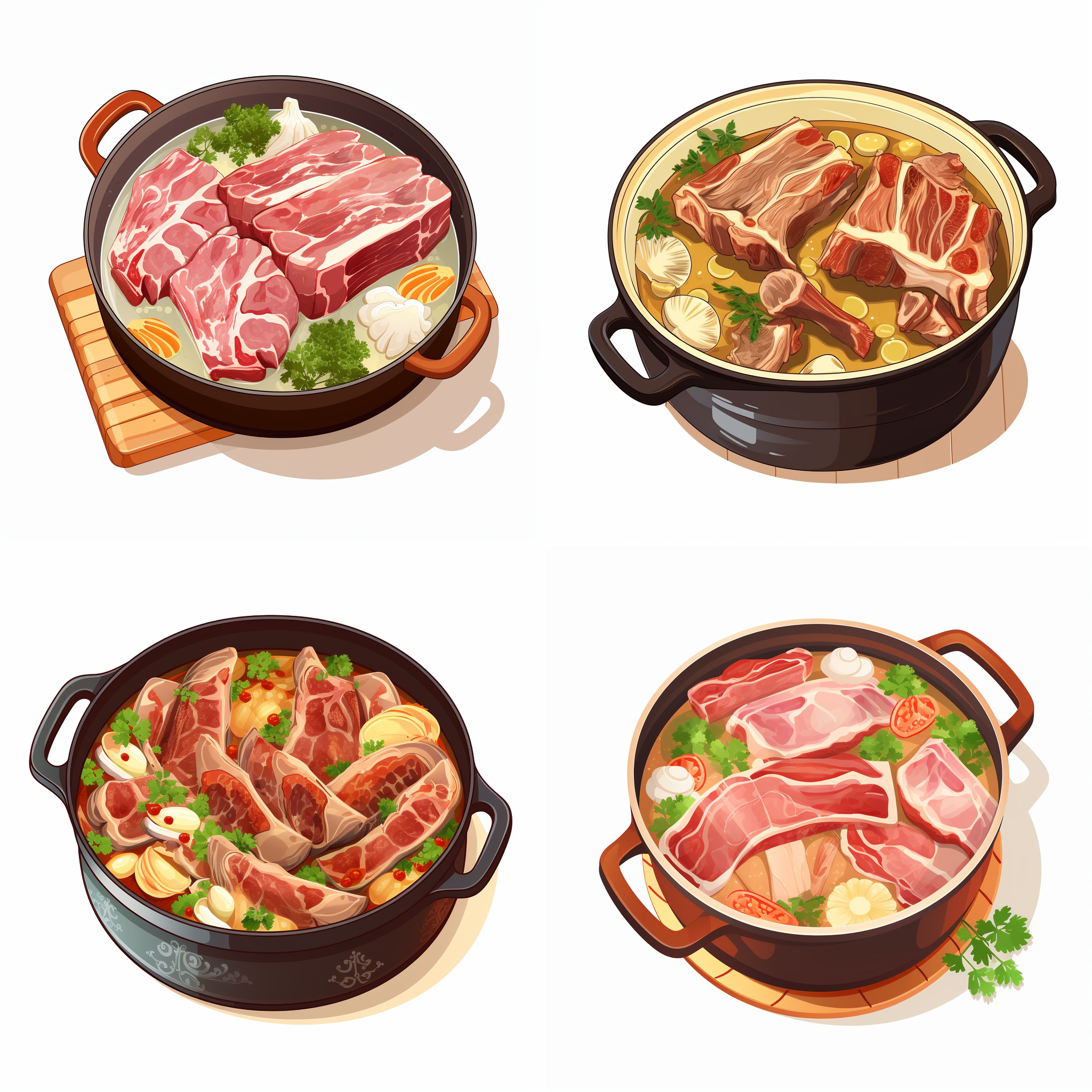 一锅排骨汤，一锅骨头汤，矢量元素，卡通元素，简单配色，白色背景，等距。