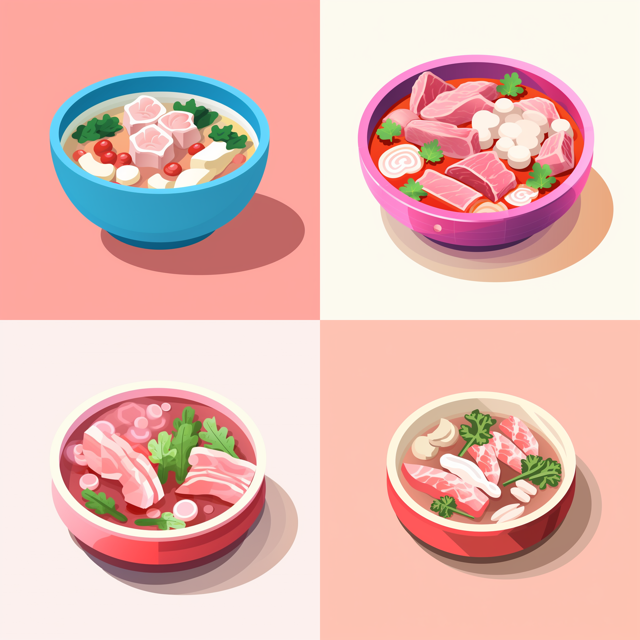a bowl of sour radish and pork rib soup，glyph icon，simple color scheme，isometic
